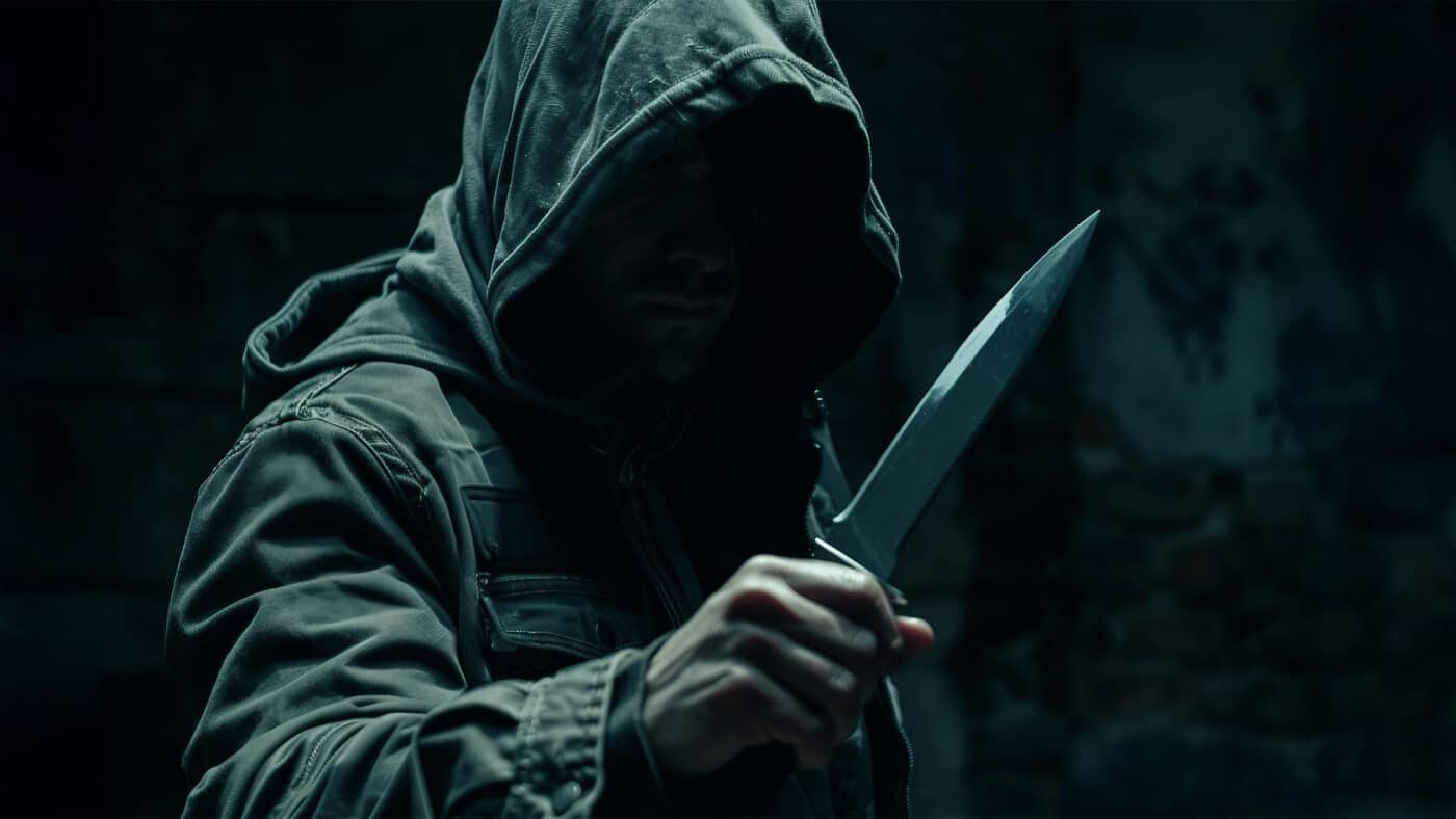 A hooded individual displaying aggressive body language and openly brandishing a knife.