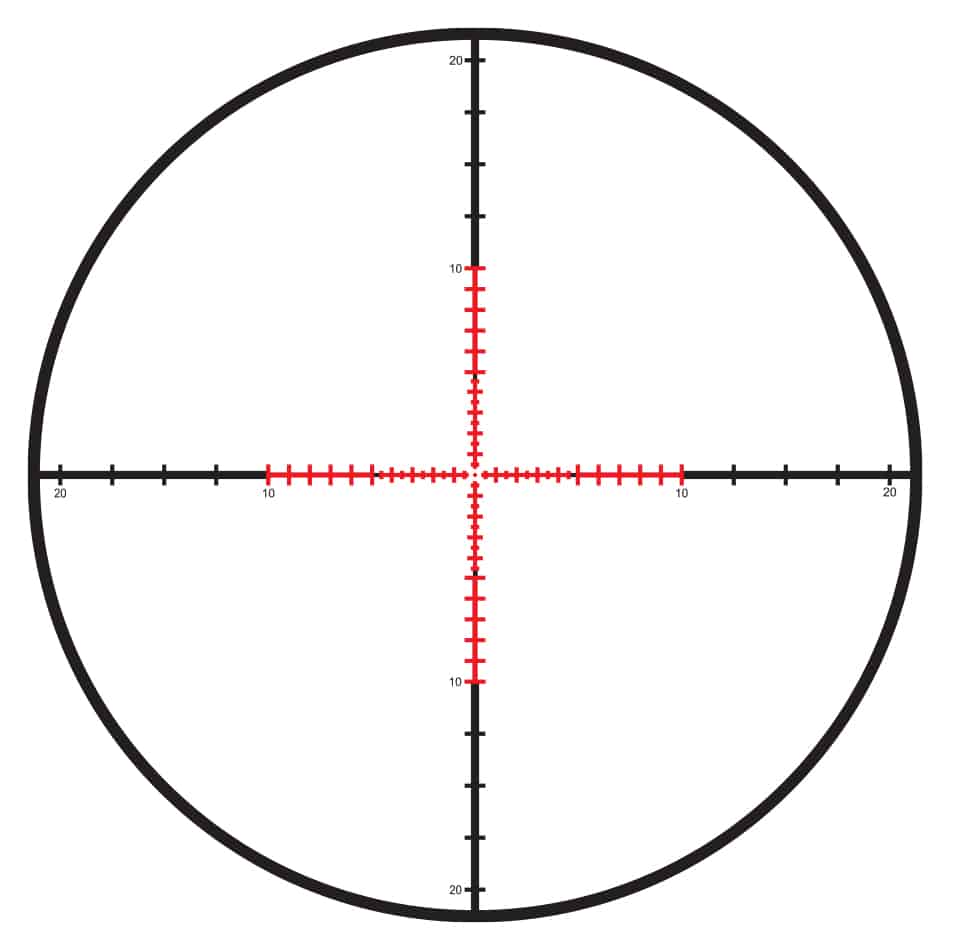 Image showing the view through the Leupold Mark 4HD 1.5-10x scope, with the Tactical Milling Reticle (TMR) in focus. The reticle displays hash marks in half-MIL increments, allowing precise range estimation and elevation adjustments. Illumination is active, making the reticle stand out against the target background. The first focal plane design means the reticle size changes with magnification adjustments. This photo illustrates how the Mark 4HD’s reticle supports both fast target acquisition and detailed shot correction.