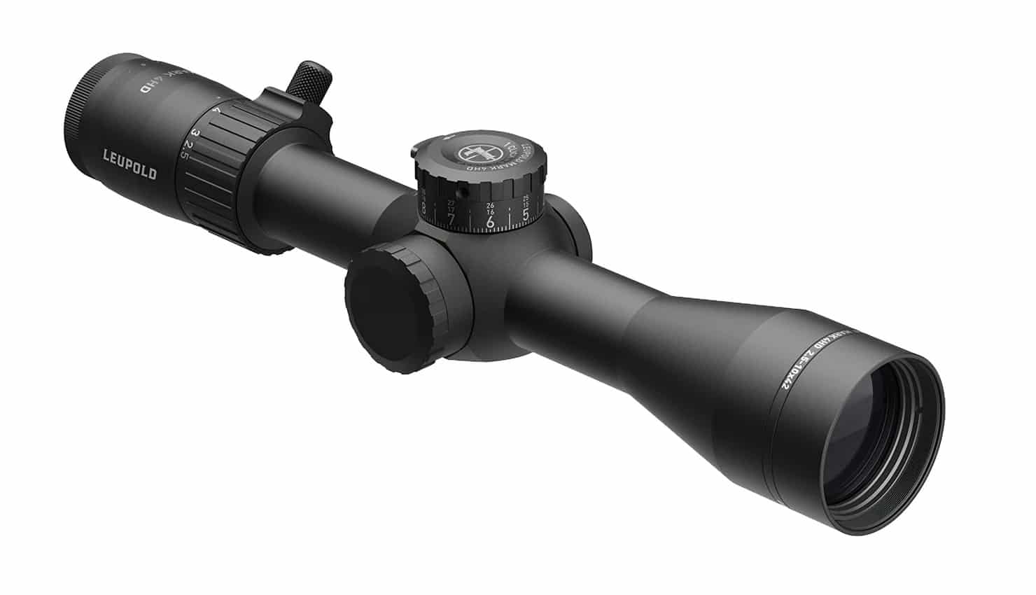 A clear, detailed photo of the Leupold Mark 4HD 1.5-10x rifle scope displayed against a plain background. The magnification ring, turrets, and throw lever are visible, as well as the overall compact profile of the optic. The Mark 4HD’s matte black finish and robust construction stand out. This image shows key features like the elevation and windage controls and the compact length of the scope. Useful for anyone wanting to see what the Leupold Mark 4HD 1.5-10x looks like before mounting.
