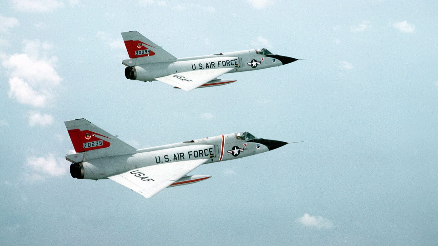 two Convair F-106 interceptors in flight