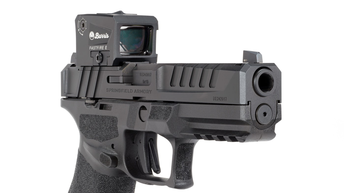 This image shows the author conducting live-fire testing with a Springfield Armory Echelon 4.5F pistol equipped with a Burris FastFire E red dot optic. The pistol is clearly visible, with the FastFire E firmly mounted on the slide. The author’s hands are in a shooting grip, and spent shell casings may be visible in the air, indicating active firing. The sight window and housing of the FastFire E are prominent, highlighting its enclosed, durable design. Details such as the optic’s buttons and the Echelon’s iron sights are in focus. The setting is a shooting range with neutral background elements. The image is informative for anyone interested in a Burris FastFire E review, demonstrating actual use and fitment on a duty-size handgun.