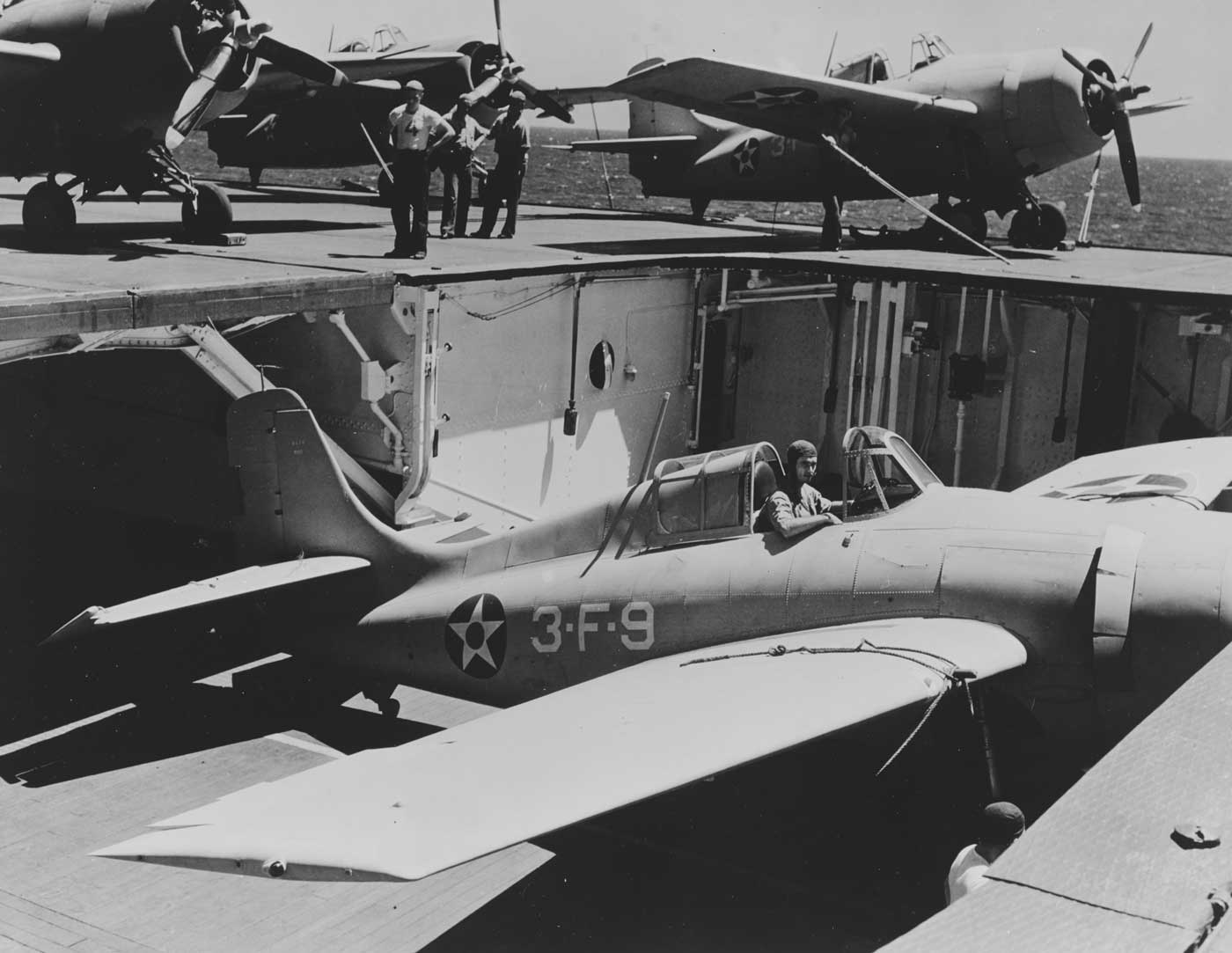Grumman F4F-3 Wildcat fighters of VF-3 on USS Saratoga aircraft carrier