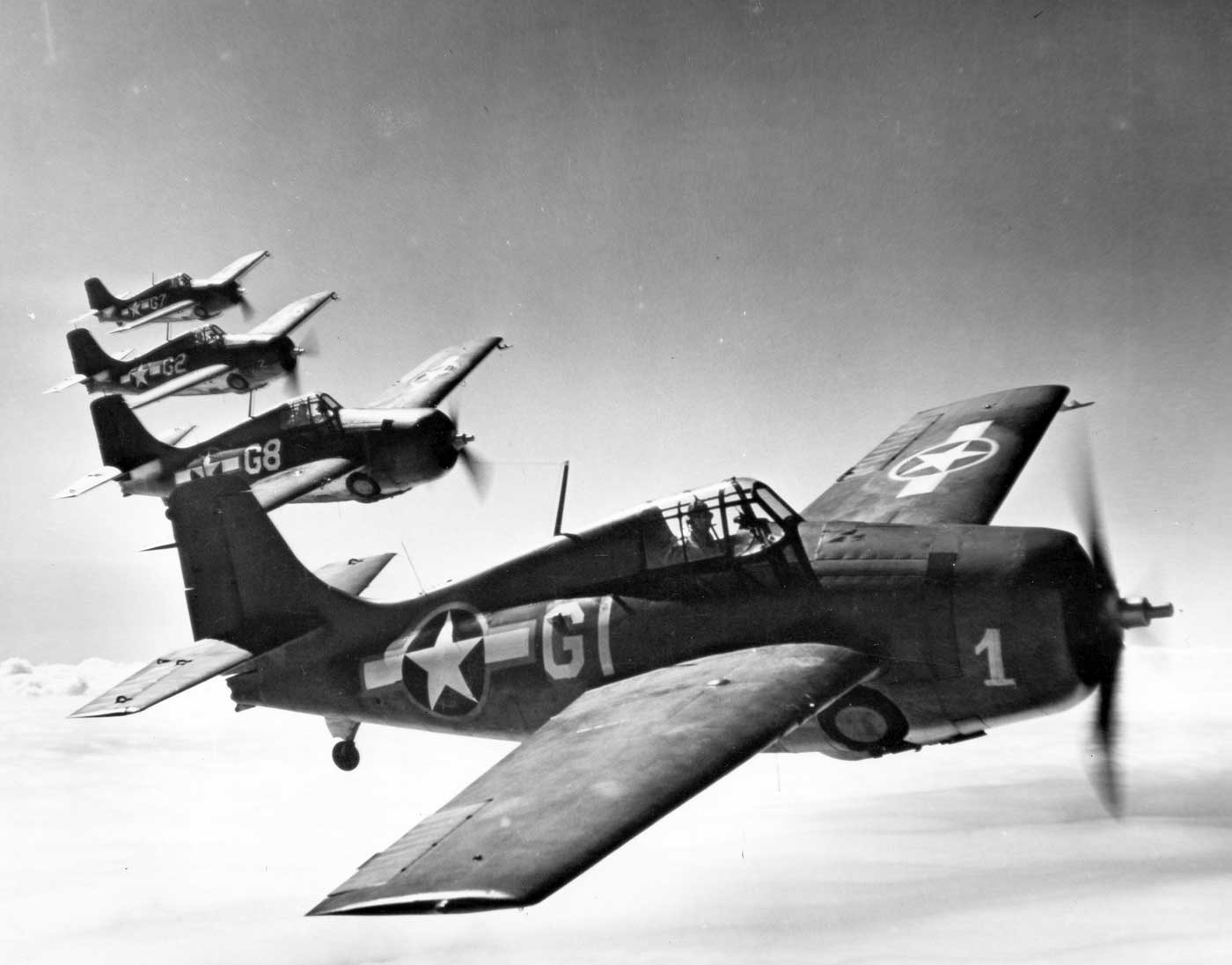 Grumman F4F Wildcat fighters fly in formation in 1943