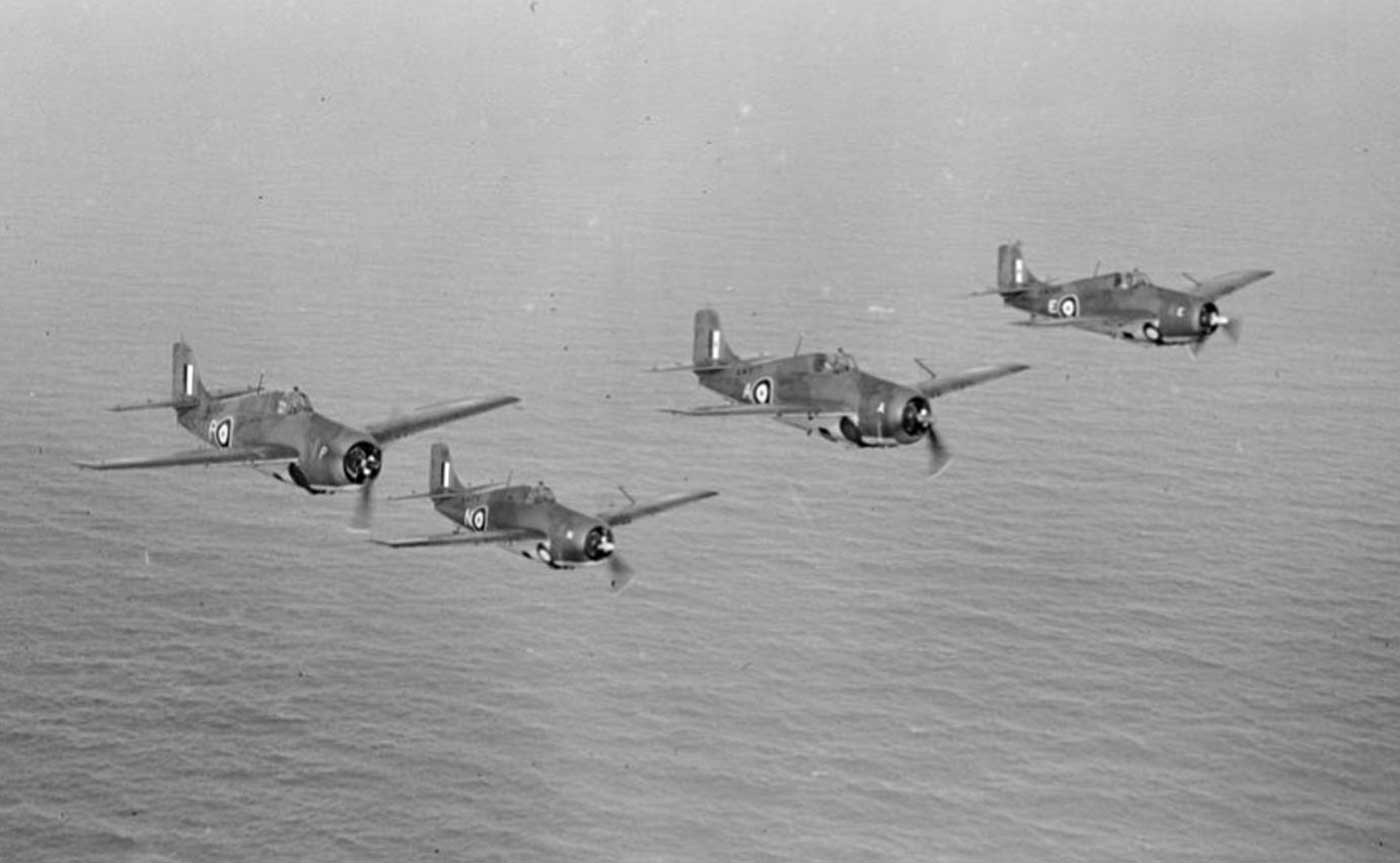 Grumman Martlets fly in formation from HMS Formidable