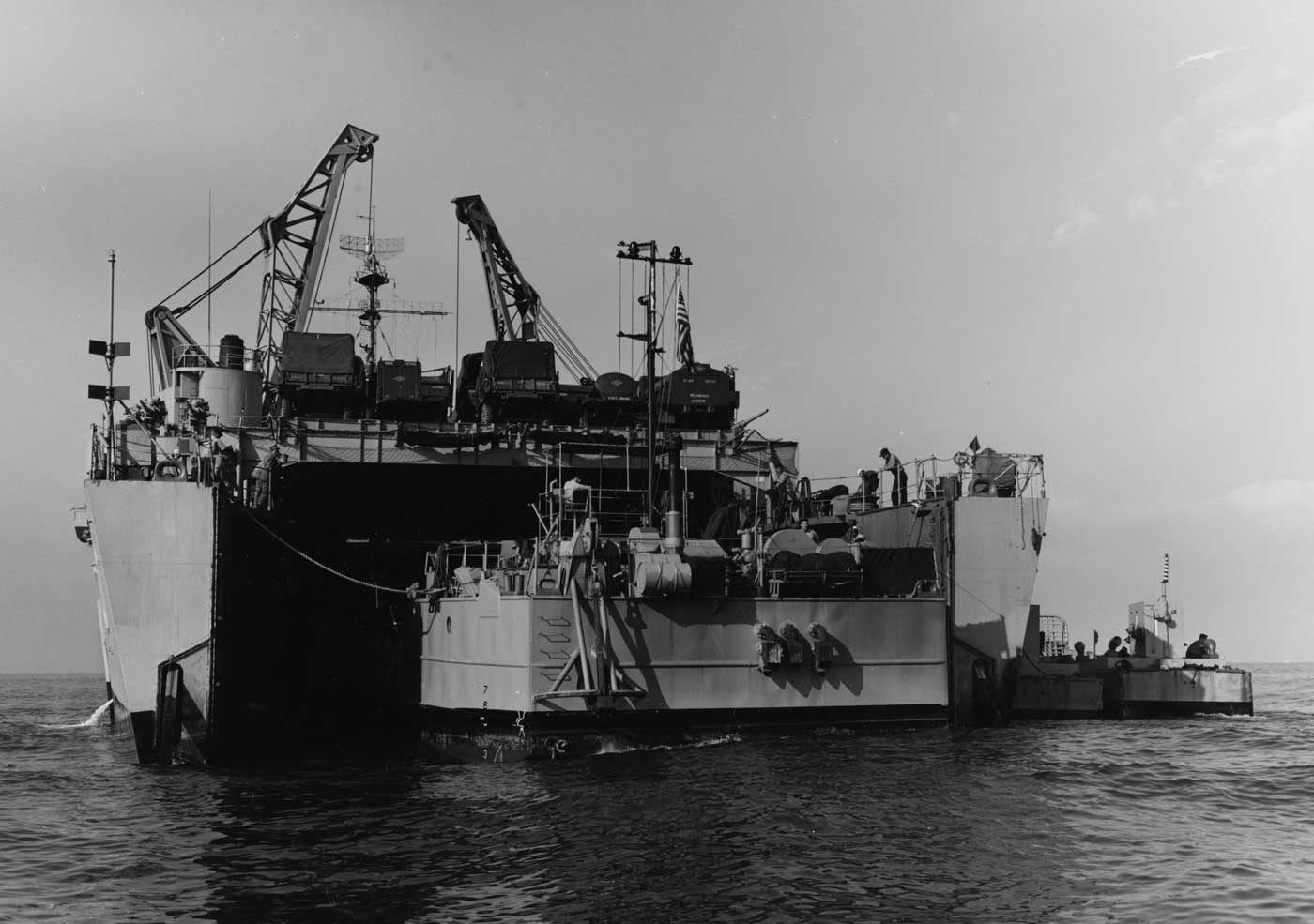 Landing Craft Utility LCU unloads from USS Fort Snelling Lebanon 1958