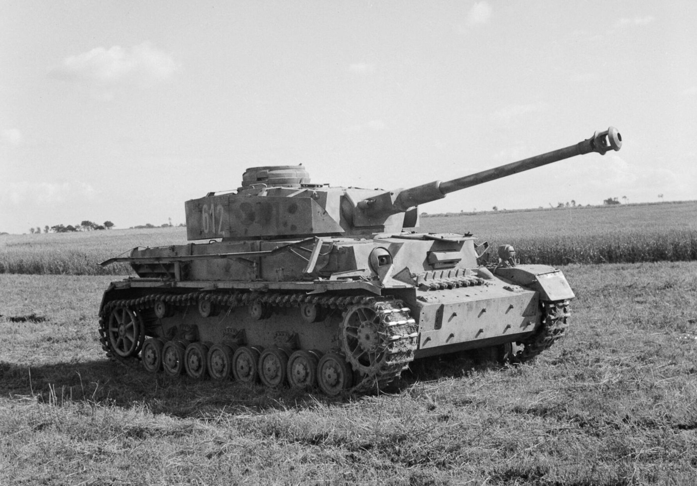 In the photo, a German Panzer IV Ausf H sits in an open grassy area, its armor-coated body displaying the distinctive layout of late-war German tanks. The vehicle’s turret-mounted 75mm high-velocity cannon extends forward with a double-baffle muzzle brake. Schürzen armor skirts line both the turret and the hull sides, designed to counter Allied anti-tank projectiles. The field setting is flat, and the lighting suggests midday conditions, revealing details such as road wheels, track tension, and hatches. Paintwork appears weathered, possibly due to combat wear. The tank is shown without accompanying infantry or support vehicles, focusing entirely on the machine itself. This imagery reflects the operational environment many Panzer IVs faced during 1943–1945.