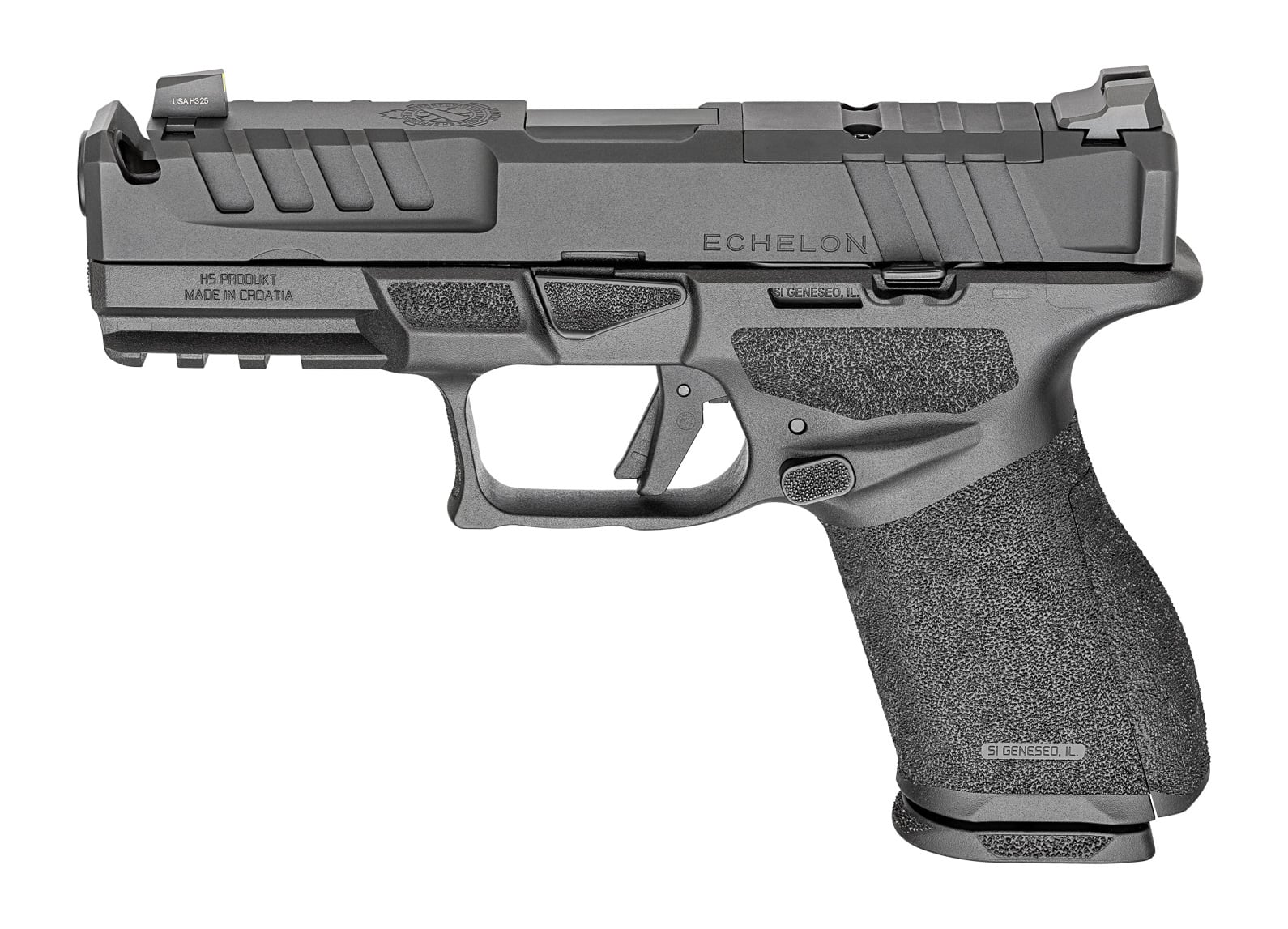 A left-side profile photograph of the Springfield Armory Echelon 4.0C Comp handgun chambered in 9mm. The pistol features a black Melonite-finished billet-machined slide with a single-port compensator cut into the front, directly aligned with the barrel’s matching port. The slide is optic-ready, fitted with a red dot sight that co-witnesses with U-Dot tritium/luminescent iron sights. The compact polymer grip module includes Adaptive Grip Texture and interchangeable backstraps for a tailored fit. Serrations at the front and rear of the slide aid in manipulation. The pistol’s overall design emphasizes concealability, recoil control, and versatility for defensive and range use.