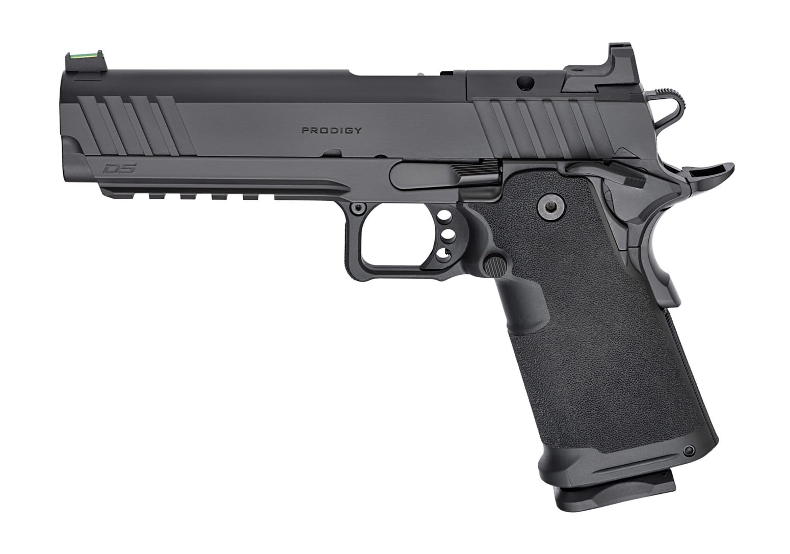 This image displays a Springfield Armory Prodigy full-size pistol, a high-capacity 1911-style handgun. The pistol features a double-stack magazine design, allowing greater round count compared to traditional single-stack 1911s. Its styling includes aggressive grip texturing, a rail for accessories, and an optics-ready slide. The Prodigy retains the crisp single-action trigger pull and ergonomic controls associated with the 1911 platform. As a full-size model, it offers better recoil control and balance during rapid fire. This handgun is marketed toward competitive shooters, defensive carriers, and professionals seeking higher capacity in a proven design. The photo emphasizes the blend of traditional 1911 features with modern enhancements.