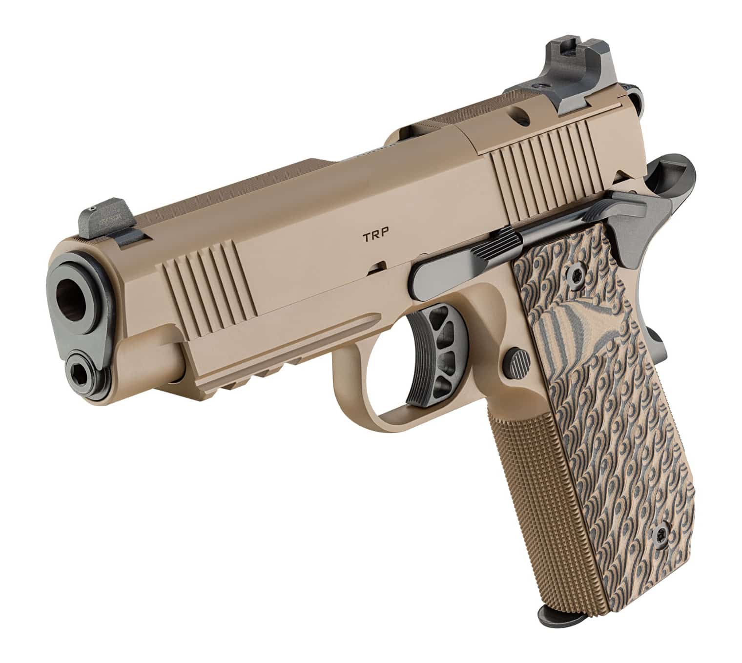 This photo shows a Springfield Armory TRP 1911 pistol finished in Desert Tan. The handgun features modern upgrades such as aggressive grip texturing, an extended beavertail safety, and combat-ready sights. The TRP (Tactical Response Pistol) is designed for duty and defensive use, offering improved ergonomics compared to a standard 1911. The Desert Tan finish gives the pistol a modern and tactical appearance, appealing to today’s shooters. Its frame and slide are built for durability, with match-grade components that emphasize precision. The TRP demonstrates how Springfield has updated the 1911 design to meet modern standards while preserving its core operating system. The image communicates both ruggedness and contemporary styling.