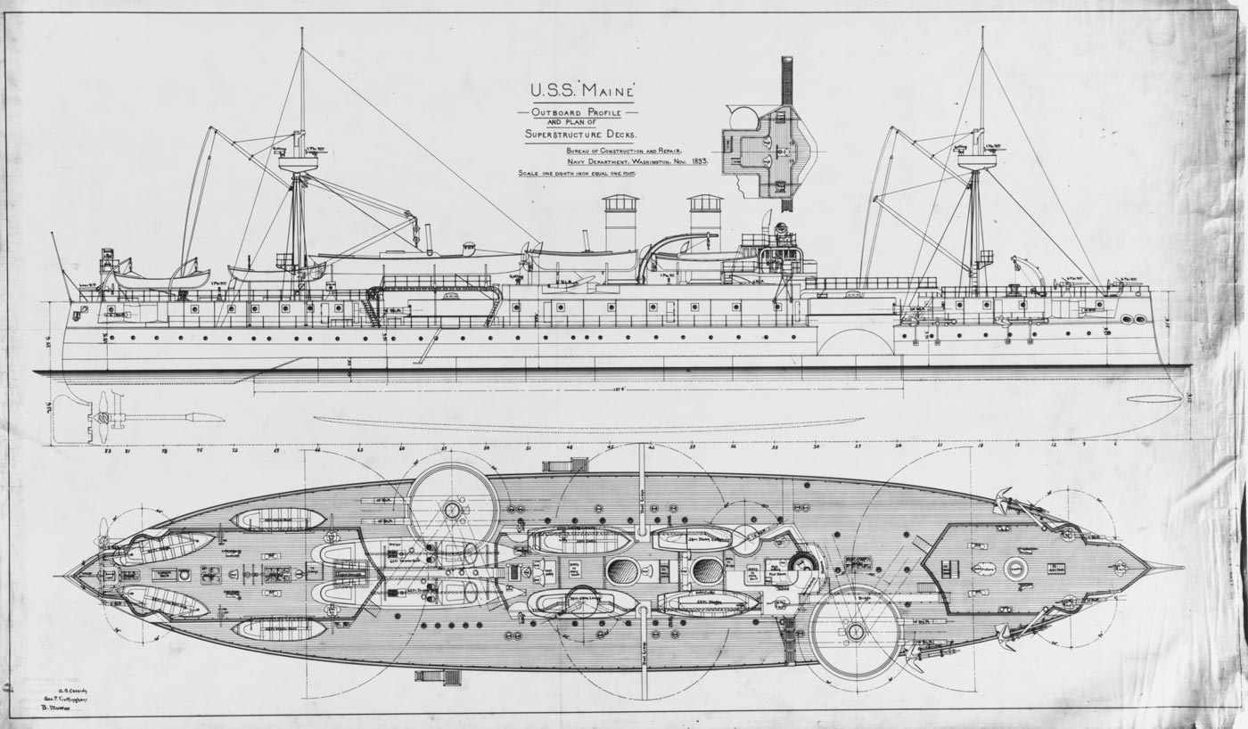 A set of technical construction drawings of USS Maine, showing her outboard profile and forebridge layout. The profile view illustrates the battleship’s full length, including the bow, stern, turrets, masts, and smokestacks. The forebridge drawing highlights the ship’s superstructure, detailing placement of navigation equipment and crew spaces. Fine lines and measurements emphasize the engineering precision required to build one of the U.S. Navy’s first steel battleships. These blueprints reflect the transitional naval architecture of the late 19th century. They show how the ship was designed for both heavy armor and steam propulsion. The drawings remain an important resource for historians studying early American battleship construction.