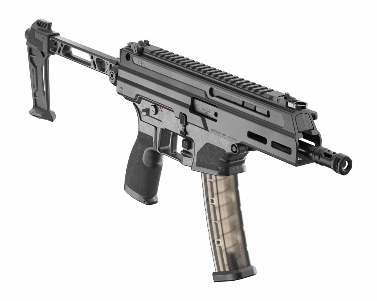 A detailed view of the Springfield Armory Kuna 9mm pistol with its hybrid flip-up sights folded down. The metal sights hug the top rail tightly, keeping a low profile and minimizing snag potential. Even in the collapsed position, the U-Dot rear sight and front dot remain fully functional, providing a clear aiming reference. The photo shows how the folded sights mimic the familiar U-Dot system used on Springfield pistols like the Hellcat and Echelon. This configuration is designed for quick target acquisition at close to medium ranges. The folded mode also pairs seamlessly with mounted optics, making it versatile for different setups. The image highlights the streamlined design and purpose-built functionality of the platform.