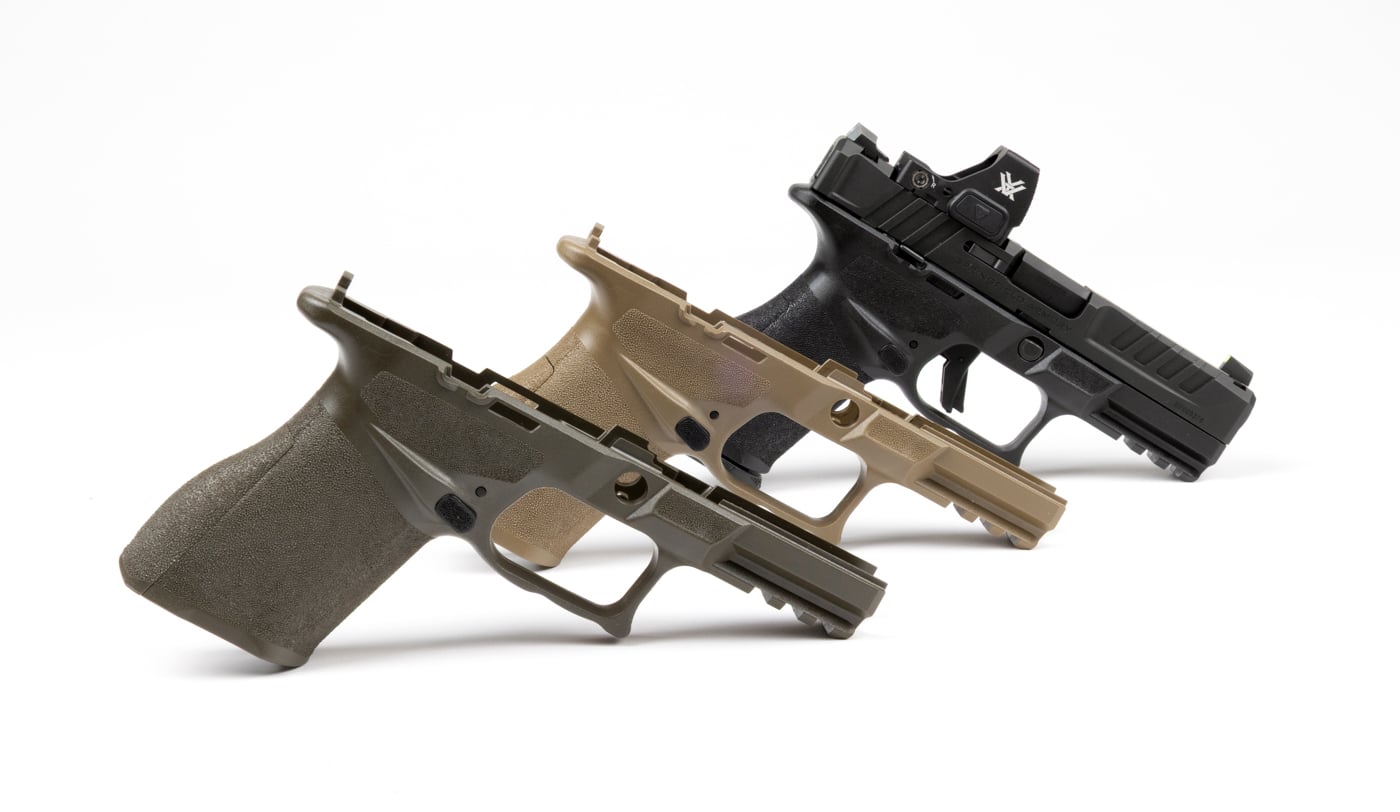 The image shows three Springfield Echelon 4.0C grip modules side by side, arranged to highlight their color differences: black, OD green, and Desert FDE. Each grip module features aggressive texturing, the Springfield Armory logo, and an installed magazine release. The black grip is classic and understated, suitable for duty use; the OD green offers a subtle military-inspired look; and the Desert FDE is a light tan, ideal for outdoor or tactical setups. The background is simple and uncluttered, drawing full attention to the color and design of each grip module. The modules are made from high-quality molded polymer, with the color running through the material instead of being painted or coated. This layout helps viewers clearly compare color choices for the Echelon 4.0C. The photo is useful for anyone looking to personalize their pistol’s appearance.