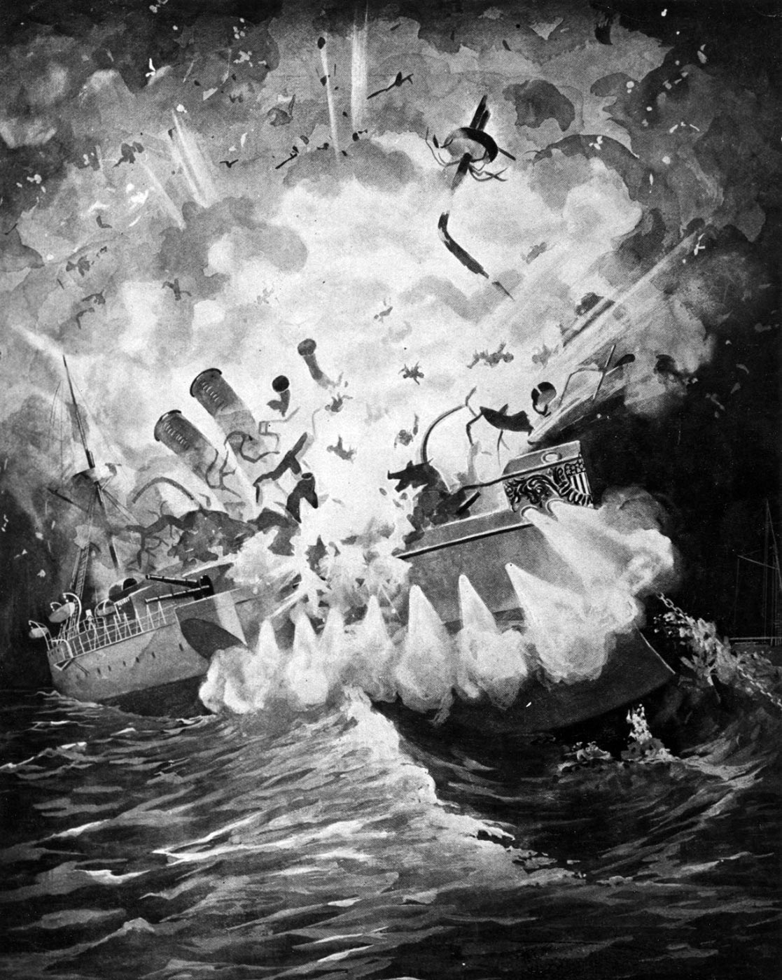 A detailed illustration showing the U.S. Navy’s second-class battleship USS Maine exploding in Havana Harbor on the night of February 15, 1898. The ship is breaking apart with smoke and flames rising high above the harbor waters. Debris is scattered, and sailors can be seen thrown into the sea. This drawing emphasizes the suddenness and violence of the blast, which killed over 260 crew members. The image reflects the way the tragedy was communicated to the American public in the late 19th century. It was widely used by newspapers to depict the event and stir emotions. The artwork remains one of the most recognized representations of the Maine disaster.
