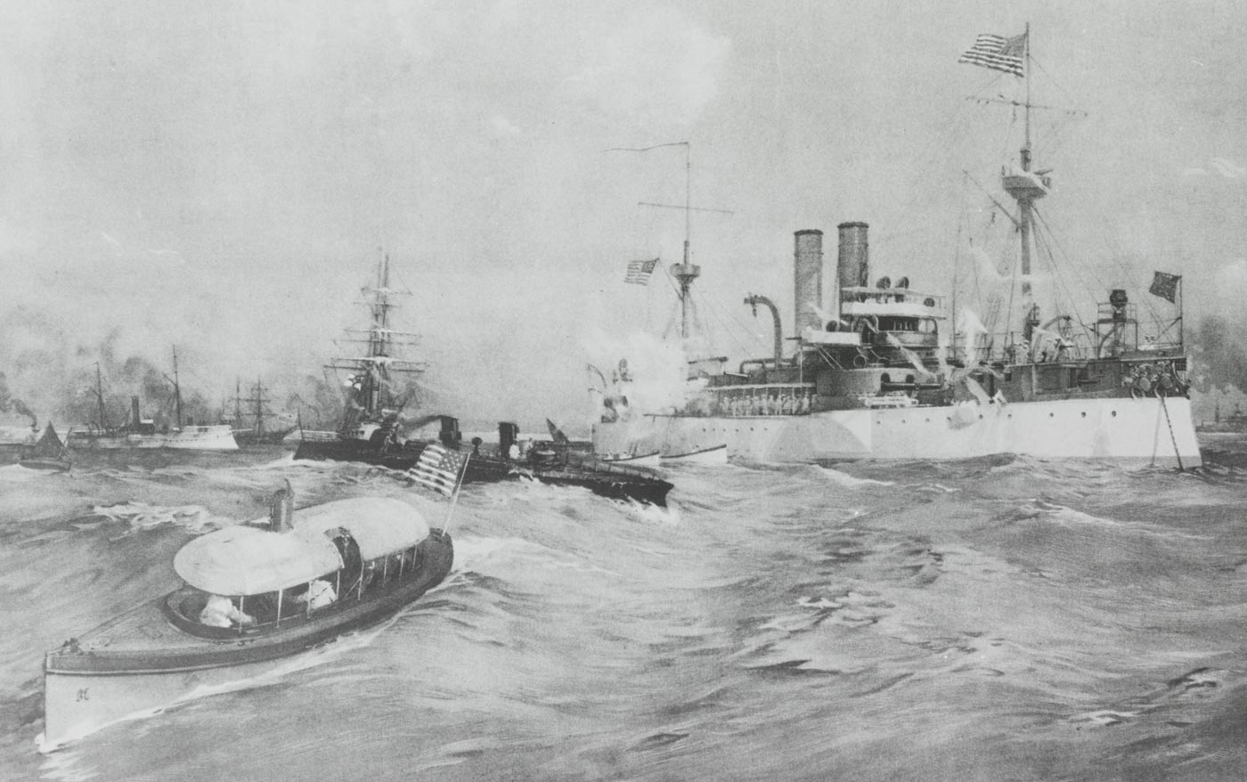 An illustrated view of USS Maine anchored in Havana Harbor, Cuba, in January 1898. The ship is shown at rest in calm waters, with its long armored hull and tall masts dominating the scene. Small boats are visible nearby, emphasizing the Maine’s massive size in comparison. The harbor and distant shoreline provide context, situating the vessel in the capital of Spanish-controlled Cuba. This was the ship’s final station before the catastrophic explosion. The image reflects how newspapers and engravers presented the battleship to the public at the time. It captures the quiet before the tragedy that helped spark the Spanish-American War.
