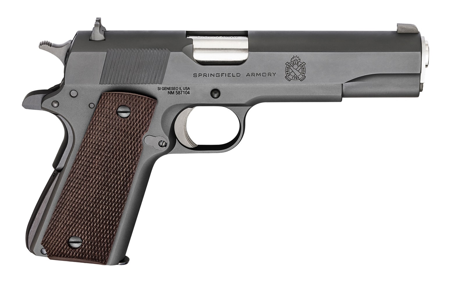 The image presents a clear, isolated view of the Springfield Armory Mil-Spec 1911 handgun against a plain background. The pistol’s parkerized steel slide and frame are visible, with minimal markings and no logos, in keeping with the original military style. The checkered grip panels, arched mainspring housing, and slightly extended thumb safety are all present, highlighting the handgun’s attention to classic details. The trigger and lowered, flared ejection port are also visible, showing the modern updates made to this model. The pistol appears to be in excellent condition, with sharp edges and clean surfaces. There are no distractions in the background, making the firearm the sole focus of the image. This photo is ideal for articles or reviews about the Springfield Mil-Spec 1911, modern reproductions of military handguns, or collectors interested in U.S. service pistols. The overall presentation keeps the attention on the handgun’s blend of historical accuracy and practical upgrades.