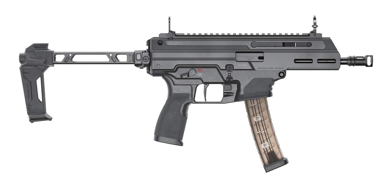 A side view of the Springfield Armory Kuna personal defense weapon with its hybrid flip-up sights deployed. The photo shows the full metal sight system in the upright position, including the rear aperture and front post aligned above the short barrel. The sights lock firmly into place, rising above the rail while maintaining a streamlined look. This perspective highlights the compact yet capable design, where the firearm’s PDW form factor is balanced with practical accuracy. The deployed configuration is designed for deliberate, longer-range shooting compared to the folded U-Dot mode. The rugged steel construction is visible, reinforcing durability. The picture captures how the upright sights integrate naturally with the firearm’s overall profile.