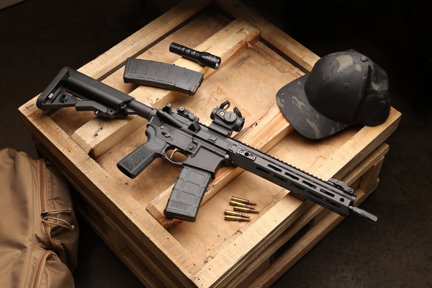 The image displays a 14-inch Springfield Armory SAINT Victor 2 rifle. This model uses a 14-inch barrel with a pinned and welded flash hider that brings the overall length to 16 inches for compliance. The rifle is chambered in 5.56 NATO and features a continuous tapered barrel profile designed for optimal rigidity and heat distribution. A free-float aluminum handguard surrounds the barrel and includes M-Lok slots for attaching accessories. The full-length Picatinny rail across the top provides space for optics or backup sights. B5 Systems furniture is included, with an Enhanced SOPMOD stock and Type 23 P-Grip for improved ergonomics. This configuration is designed as a versatile carbine option within Springfield Armory’s expanded 2025 SAINT Victor lineup.