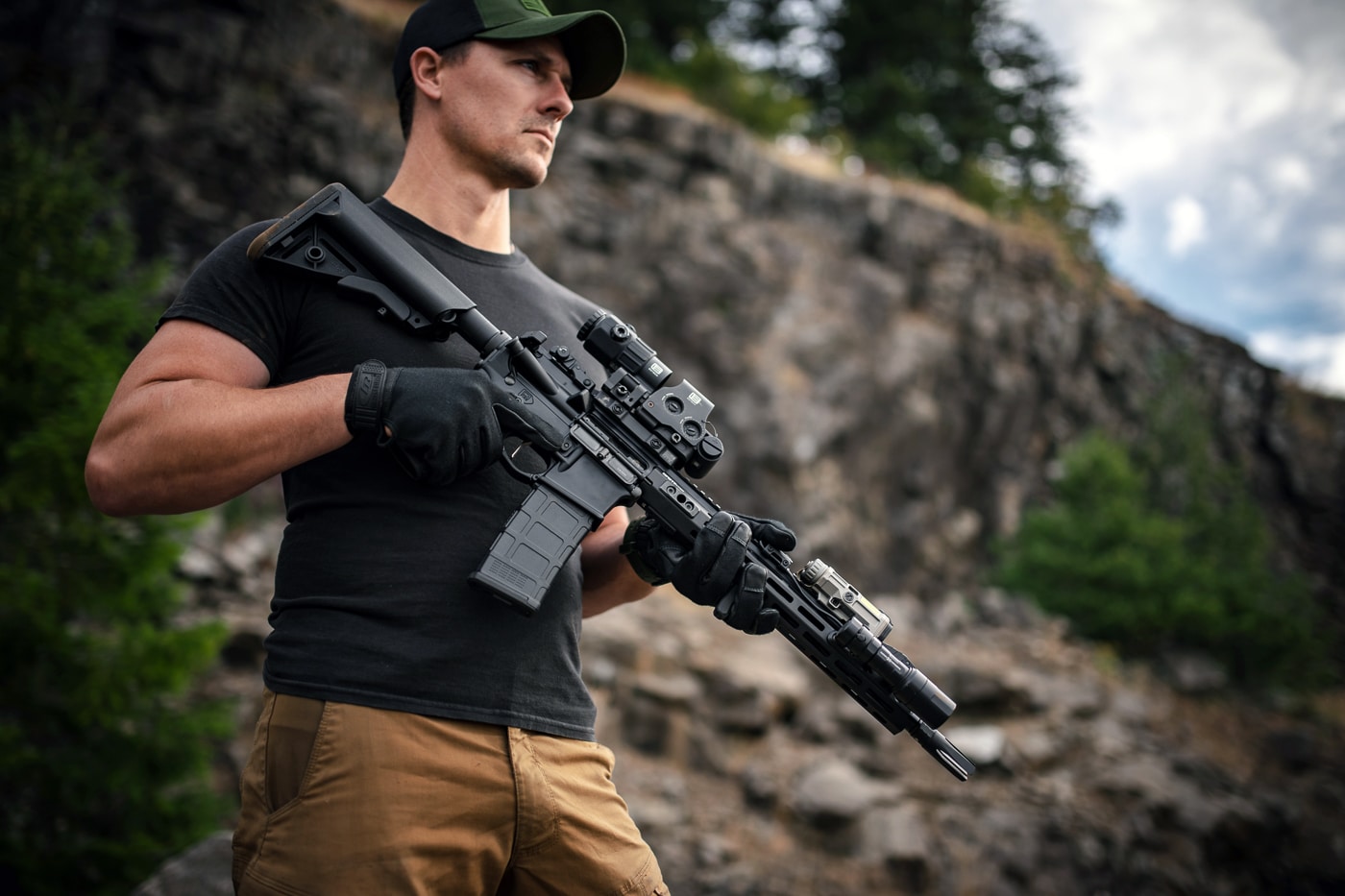 This image presents the 2025 Springfield Armory SAINT Victor 2 rifle line in a group display. The lineup includes multiple models chambered in both 5.56 NATO and 7.62 NATO. Barrel lengths vary from 11.5-inch pistol configurations to 14-inch pinned and welded carbines, 16-inch rifles, and a 20-inch rifle for long-range use. The family also includes short-barreled rifles (SBRs), California-compliant versions, and color variants in Cerakote Coyote Brown and Tungsten Gray. All models feature free-float aluminum handguards with M-Lok slots, full-length Picatinny top rails, and low-profile iron sights. Most configurations include B5 Systems furniture, with the pistol version instead equipped with an SBA3 brace. This group shot emphasizes the scale of the 2025 SAINT Victor release, showcasing Springfield Armory’s goal of offering a reliable AR platform across multiple formats.