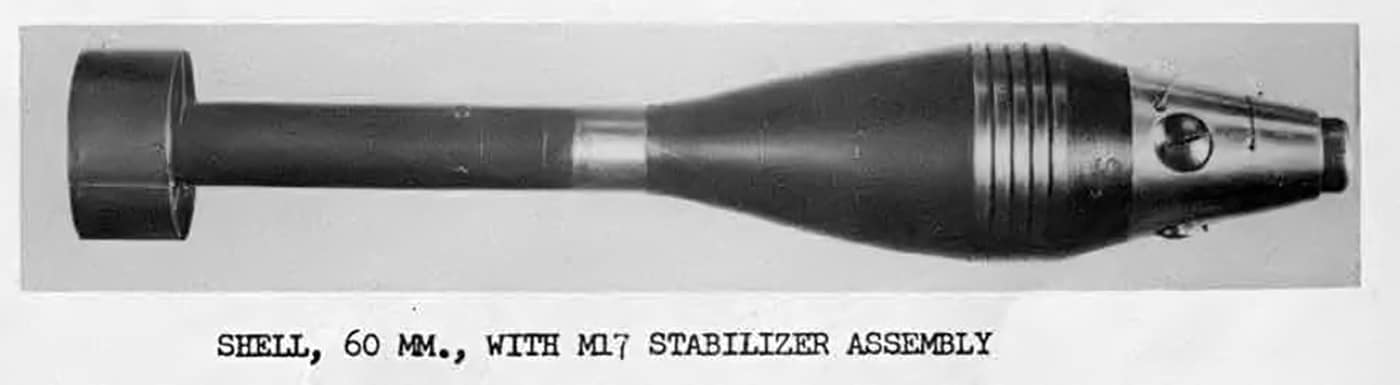 The 1)	60mm mortar round with the M17 stabilizer assembly. Image: NARA