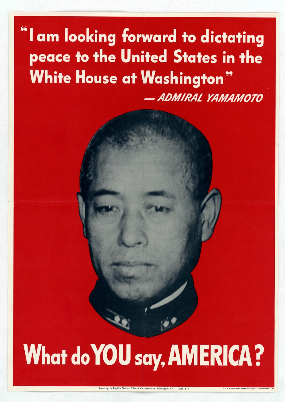 Color World War II propaganda poster showing a caricature of Admiral Isoroku Yamamoto dictating peace terms to the Americans. The exaggerated illustration portrays Yamamoto as overconfident and threatening, designed to stir anger and determination among the U.S. public. Wartime posters frequently used enemy leaders as symbols of tyranny and aggression. Yamamoto was singled out as the mastermind of the Pearl Harbor attack, making him a natural target for propaganda. The poster reflects how the U.S. government framed Japan’s leadership as dangerous and ruthless. Later, his death in Operation Vengeance was celebrated as a direct rebuttal to this image of dominance.