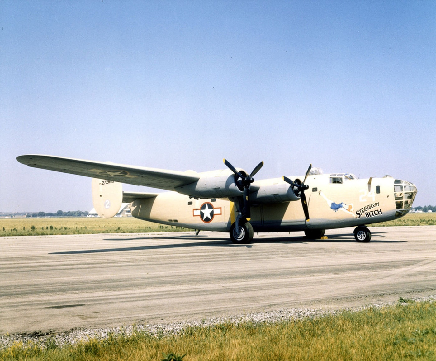 A Consolidated B-24D Liberator, nicknamed Strawberry Bitch, is shown on the runway in its restored wartime paint scheme. The bomber is painted in desert pink camouflage, reflecting its service in the North African and Mediterranean theaters. Its nose art, featuring a reclining pin-up figure, is prominently displayed on the aircraft’s forward fuselage. The four-engine bomber retains its distinctive Davis wing and twin tail design, making it instantly recognizable as a B-24. Strawberry Bitch is one of the few surviving Liberators, preserved to educate the public on World War II aviation history. The aircraft flew missions with the U.S. Army Air Forces before being retired and later restored. This photo captures both its historical significance and the striking appearance of one of the war’s best-known B-24s.