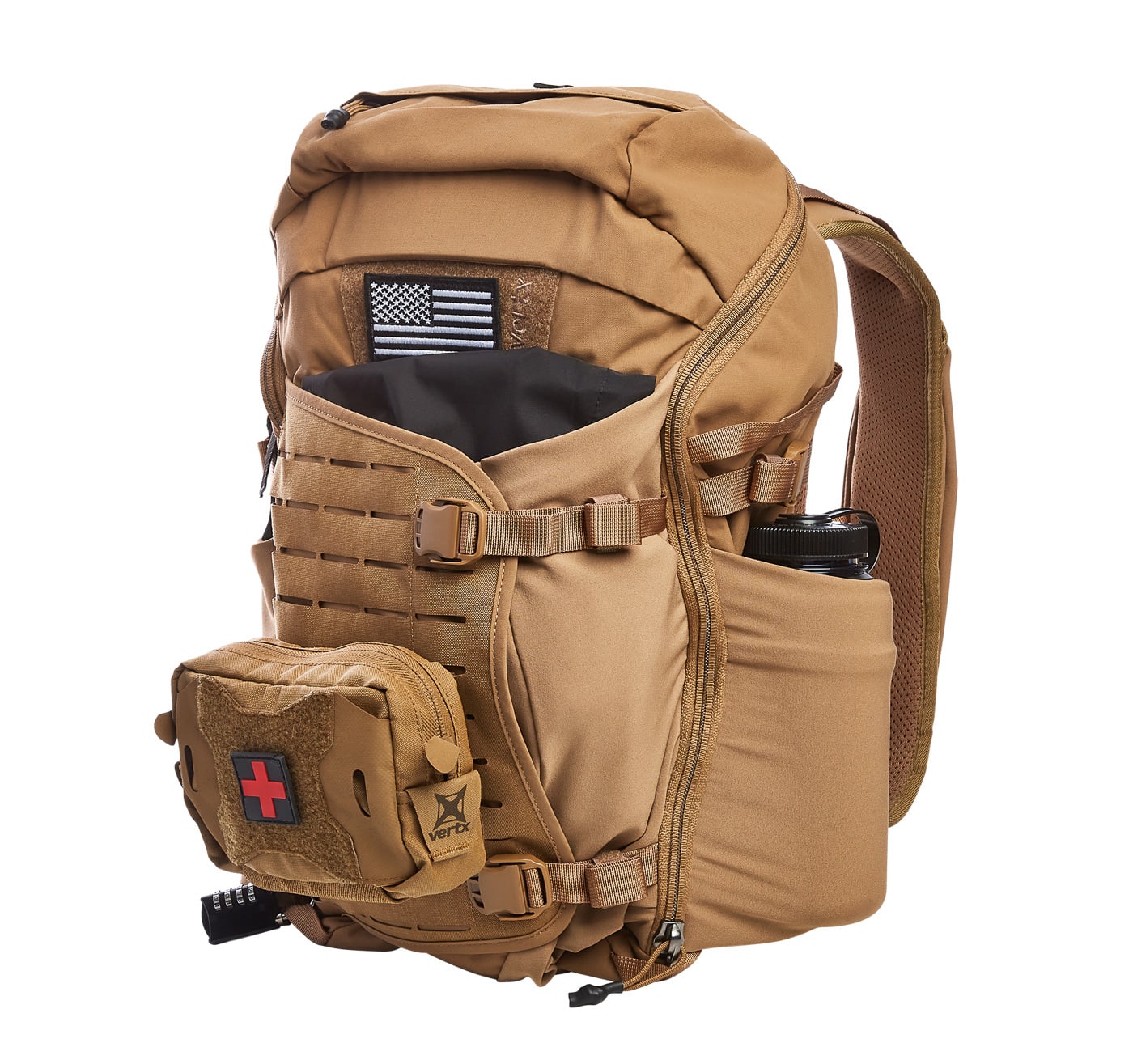 Photo of a Flat Dark Earth (FDE) Vertx Siege 25L Tactical Backpack fully kitted with gear and pouches. The pack is equipped with modular attachments inside and outside, showcasing its compatibility with Tactigami accessories and MOLLE webbing. Side pockets hold additional pouches and tools, while the expandable front pocket is in use. Straps and buckles are tightened to secure the load. The colorway blends well with tactical and outdoor environments. This setup illustrates how the pack can be customized for missions, range trips, or field use. The review highlights its modular storage capacity and rugged build quality.