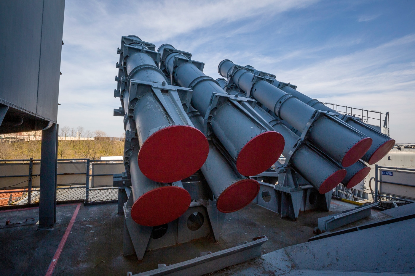 Two of the four Harpoon anti-ship cruise missile launchers on the USS New Jersey (BB-62), Battleship New Jersey Museum & Memorial, berthed at Camden, N.J., March 11, 2021. The USS New Jersey, a 45,000-ton Iowa class battleship, was built at the Philadelphia Navy Yard, Pa. It was commissioned in May 1943 and served in the Pacific during World War II. The New Jersey was recommissioned in November 1950 for the Korean War and served two combat tours. The USS New Jersey was recalled to duty during the Vietnam War and recommissioned in April 1968. From then until April 1969, the New Jersey conducted frequent bombardments along the South Vietnamese coast. The New Jersey was recommissioned in December 1982 and deployed again in combat during the Lebanon crisis of 1983-84 and to the western Pacific in 1986 and 1989-90 to the Persian Gulf area. The New Jersey was decommissioned in February 1991. In 1999, the New Jersey was towed from Bremerton, Wash., to Camden. With nineteen Battle and Campaign Stars, the USS New Jersey is the United States’ most decorated battleship.