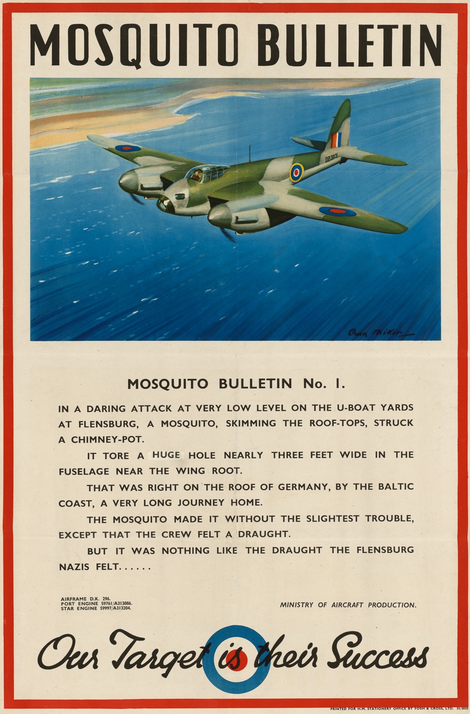 A World War II–era bulletin poster produced by the UK Ministry of Aircraft Production, featuring artwork and text about the de Havilland Mosquito aircraft. The design emphasizes the plane’s speed, versatility, and wooden construction, which made it unique among wartime bombers. Posters like this were distributed to inform workers, encourage factory efficiency, and highlight Britain’s engineering achievements. The poster likely includes imagery of the Mosquito in flight, factory workers building airframes, or patriotic slogans. It reflects the government’s effort to keep morale high while ensuring continuous aircraft production. The message underlined the Mosquito’s role as both a bomber and reconnaissance aircraft. These visual campaigns were as much about inspiration as they were about information.