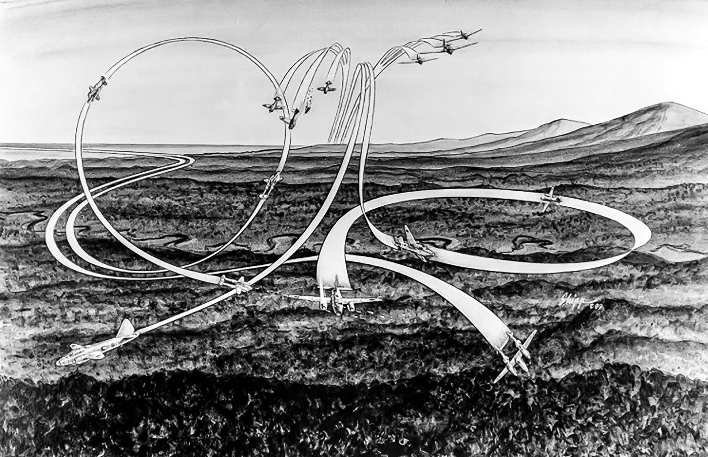 U.S. military diagram detailing the flight patterns of Operation Vengeance, the mission to kill Admiral Isoroku Yamamoto. The chart shows the route of the Japanese bombers and escorting Zero fighters alongside the American P-38 intercept course. Complex arrows and path markers outline how the P-38s flew low over the ocean to avoid detection before climbing into attack position. The point of interception near Bougainville is clearly marked, where Yamamoto’s G4M was destroyed. This type of visual planning tool was used to brief pilots on exact timing, positioning, and engagement strategies. The diagram is both a tactical record and a historical document of one of World War II’s most famous aerial ambushes.