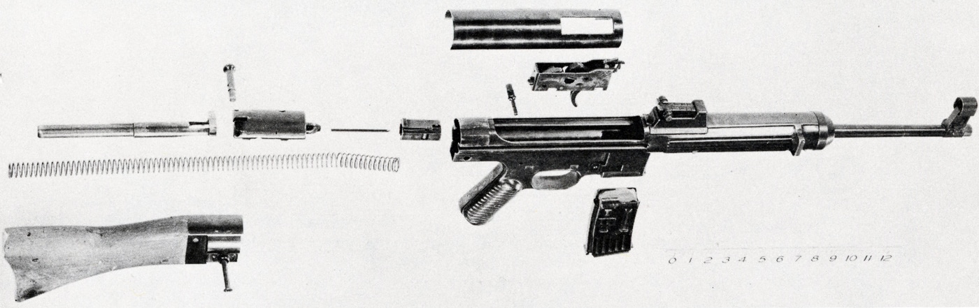 The image shows an exploded view of the German StG 45(M) prototype, with its individual parts separated for examination. The wooden buttstock, stamped receiver, and barrel are displayed alongside the internal roller-delayed blowback system. This arrangement clearly illustrates how Mauser engineers simplified the Sturmgewehr design for faster and cheaper wartime production. The rifle’s two-piece bolt carrier and rollers can be seen as distinct components. Each part is arranged in order, giving a visual breakdown of how the weapon assembles into a complete rifle. This exploded view helps demonstrate the innovative mechanism that would later inspire the CETME and Heckler & Koch G3 rifles.