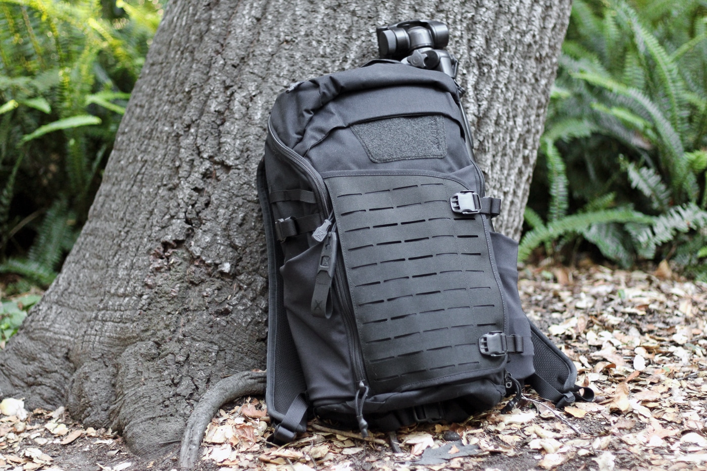 Photo of a black Vertx Siege 25L Tactical Backpack leaning against a tree during outdoor field testing. The pack is upright, showing reinforced nylon fabric, MOLLE webbing, and multiple compartments. The 25-liter capacity is contained in a sleek, low-profile shape that blends well in outdoor settings. Padded shoulder straps and a breathable back panel are visible, emphasizing comfort for hiking or tactical use. The water-resistant material is designed to withstand weather and rugged environments. The scene highlights how the pack performs outside of urban settings. The review focuses on both tactical versatility and practical everyday use.