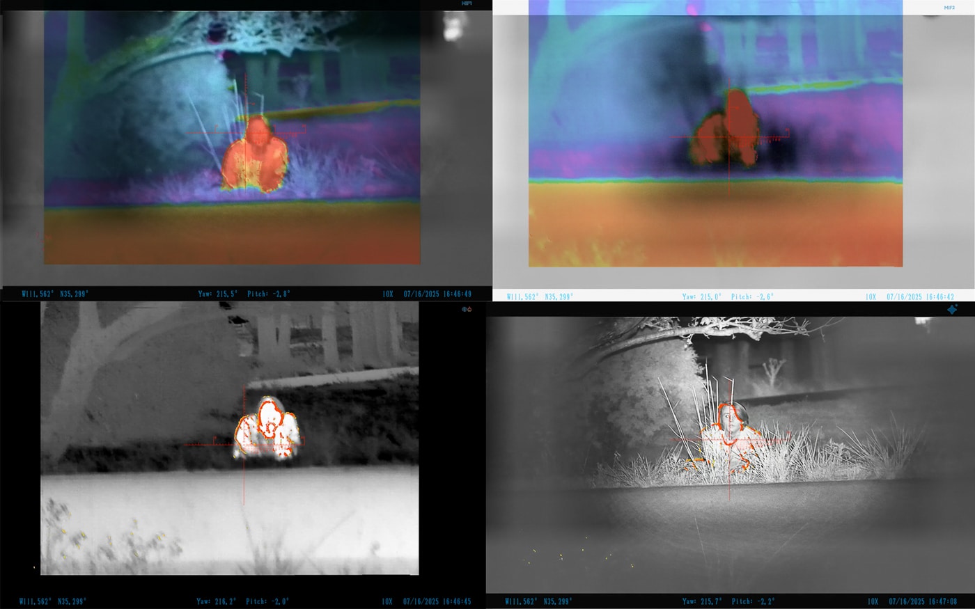 The image displays four separate viewing modes available on the Shinenyx AIM-101 scope. One panel shows thermal-only imaging, where heat signatures glow brightly against a dark background. Another presents digital night vision, which reveals environmental detail in low light without thermal overlays. A third panel combines the two for fusion mode, blending night vision clarity with thermal highlights. The fourth mode applies Rapid Target Outline, emphasizing heat signatures with clear outlines for fast identification. Each mode provides different strengths, from pure detection to precise identification. This side-by-side comparison demonstrates how the AIM-101 adapts to varied shooting, hunting, and surveillance conditions.