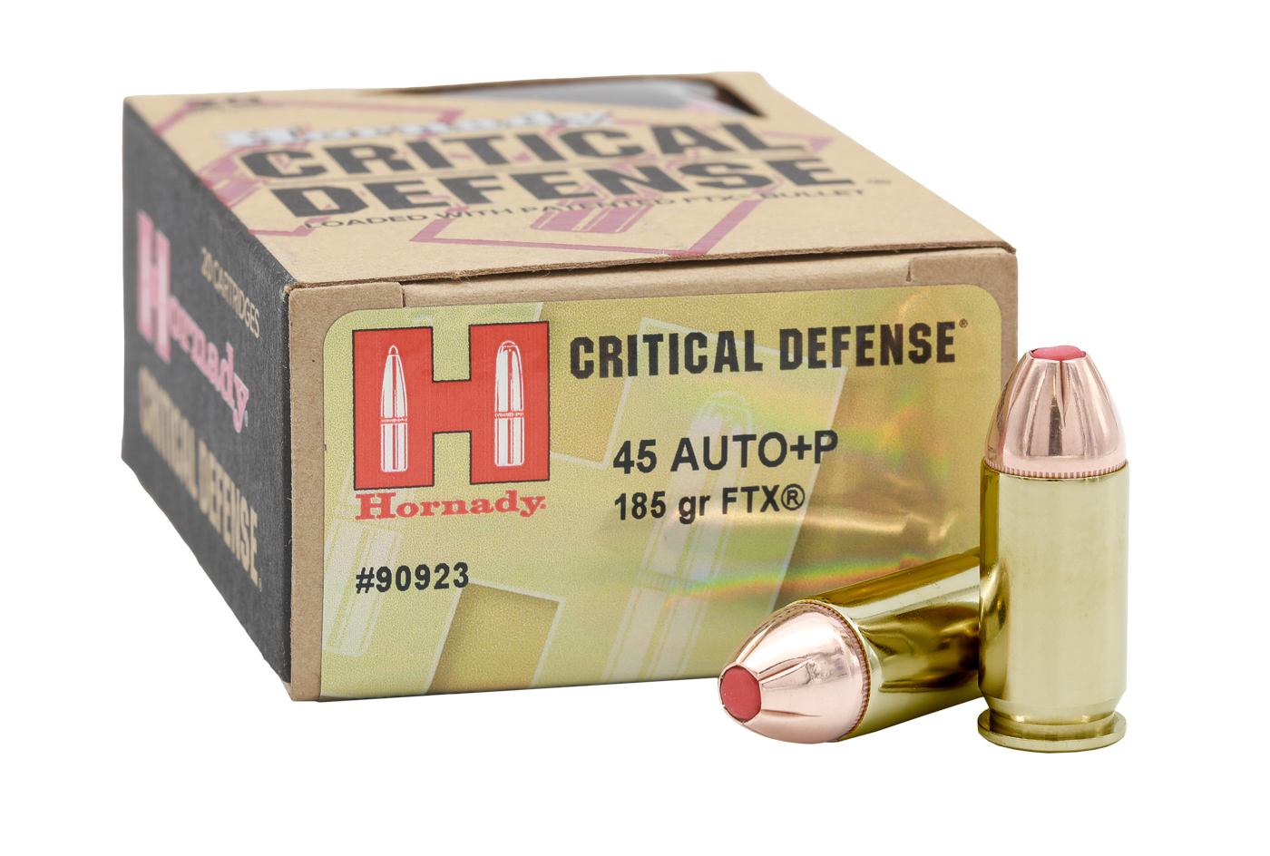 Hornady Critical Defense 45 ACP 185 grain FTX ammunition showing lighter bullet weight option for forty-five caliber self defense applications. The FTX bullet features polymer flex tip technology that prevents hollow point cavity clogging through heavy clothing regardless of grain weight. Critical Defense 185-grain loads provide higher velocity than traditional 230-grain forty-five ammunition while maintaining adequate penetration for defensive scenarios. Hornady designs Critical Defense for standard pressure performance in compact carry guns where lighter bullet weights help manage recoil. The 185-grain bullet weight offers alternative terminal ballistics for shooters who prefer faster-moving projectiles in large caliber defensive handguns. Flex tip technology promotes reliable expansion at various bullet weights by preventing fabric from plugging the hollow point cavity during penetration. Critical Defense ammunition balances penetration depth and expansion characteristics across multiple grain weights including lighter options for forty-five ACP. Selecting 185-grain bullets in forty-five caliber provides proven defensive performance with reduced recoil compared to heavier grain weight traditional loads.