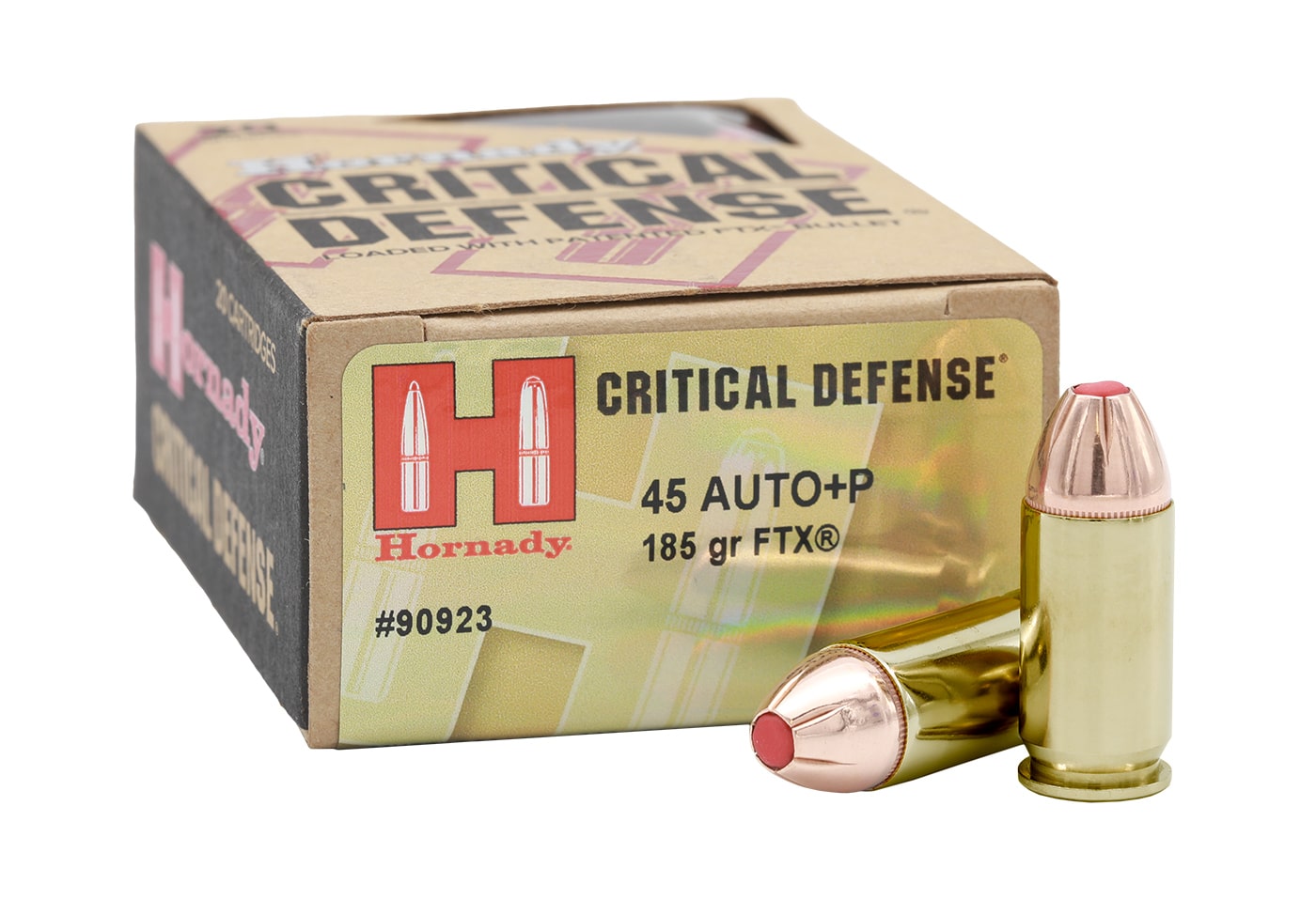 Photograph showing Hornady Critical Defense ammunition in 45 ACP caliber loaded to plus P higher pressure specifications for concealed carry defensive applications. Premium defensive loads like Critical Defense provide reliable hollow point expansion through clothing barriers at increased velocities. Hornady manufactures this plus P ammunition with polymer-filled hollow points designed for consistent terminal performance. The 45 ACP overpressure loading offers enhanced penetration and expansion compared to standard pressure defensive ammunition. Critical Defense represents quality higher pressure loads trusted by concealed carriers for self-defense purposes. Plus P defensive ammunition costs more than practice loads but delivers improved ballistic performance in defensive scenarios. Hornady loads this overpressure ammunition to SAAMI plus P specifications for safe usage in rated firearms. The Critical Defense line demonstrates premium defensive loads at higher pressure levels from established ammunition manufacturer.
