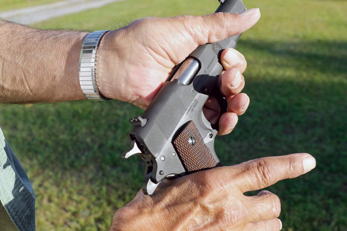 Massad Ayoob comparing the improved fixed sights on a Springfield Armory Mil-Spec 1911 to the smaller sights found on original M1911A1 military pistols. Modern basic models include better visibility and sight picture without adding expensive adjustable sight costs to the $725 price point. Plain jane configurations offer adequate aiming capability for defensive purposes despite adjustable sights being preferable for some shooters. The military never issued adjustable sight service pistols except to competition teams, yet soldiers used standard 1911 models effectively in combat. Fixed sights on the Mil-Spec sit in dovetails allowing windage adjustment by drifting laterally without gunsmith fees. Ayoob won IDPA and police PPC matches using fixed sight guns, proving they work fine for accurate shooting. Basic sight improvements represent smart evolution of the platform without unnecessary custom shop modifications.