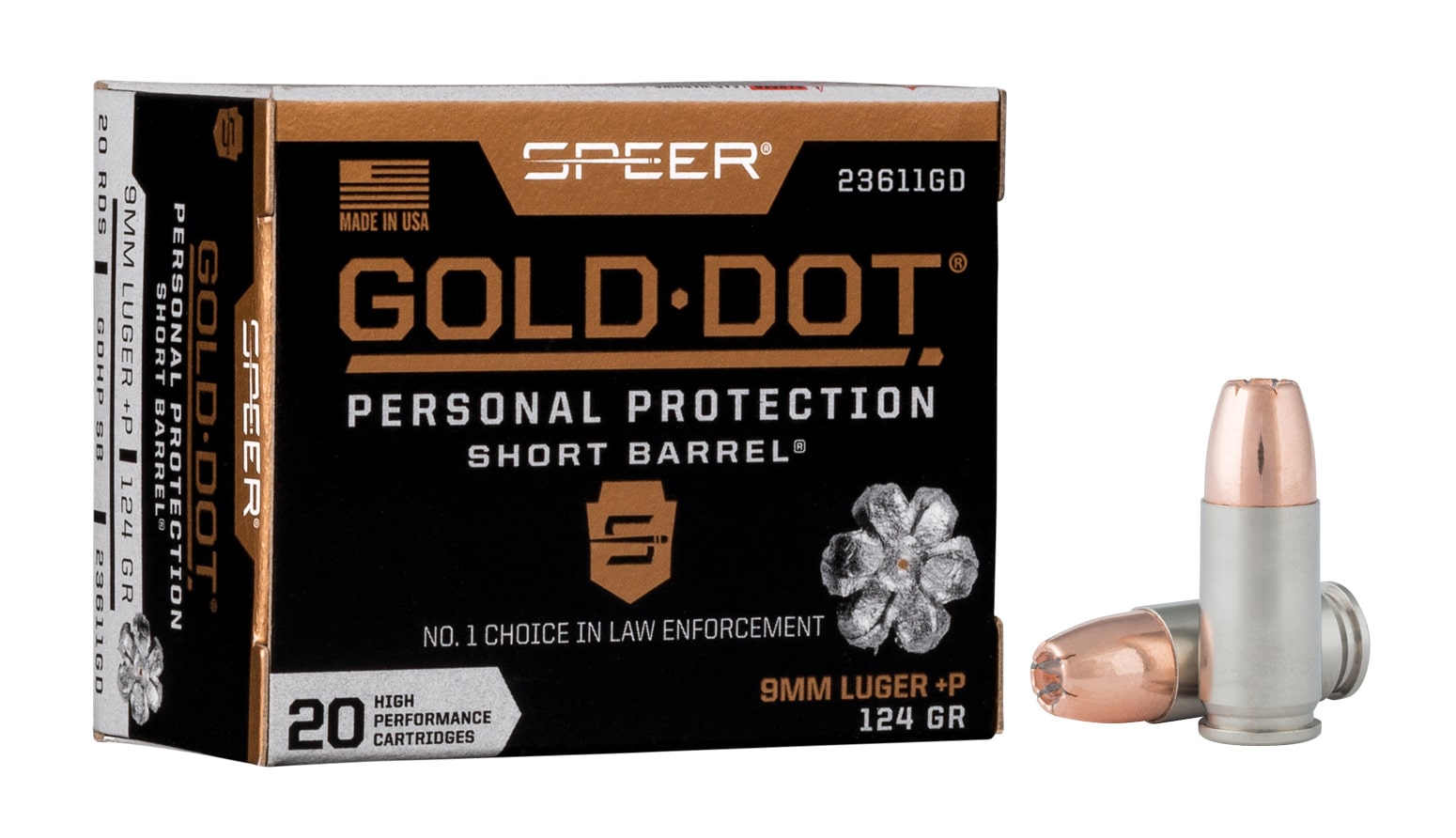 Photograph displaying Speer Gold Dot 124 grain jacketed hollow point ammunition loaded to plus P overpressure specifications for defensive carry purposes. Premium defensive loads from Speer offer reliable expansion and penetration at higher pressure levels. Gold Dot plus P ammunition features bonded hollow point bullets designed for consistent terminal performance. The 124 grain bullet weight combined with overpressure loading provides enhanced velocity for self-defense applications. Speer manufactures this plus P defensive ammunition to SAAMI higher pressure specifications for duty and carry use. Law enforcement and civilian shooters trust Gold Dot overpressure loads for defensive firearms. This 124 grain hollow point ammunition demonstrates quality plus P loading from an established manufacturer. Defensive ammunition at higher pressure levels costs more than standard pressure practice loads but offers improved ballistic performance.