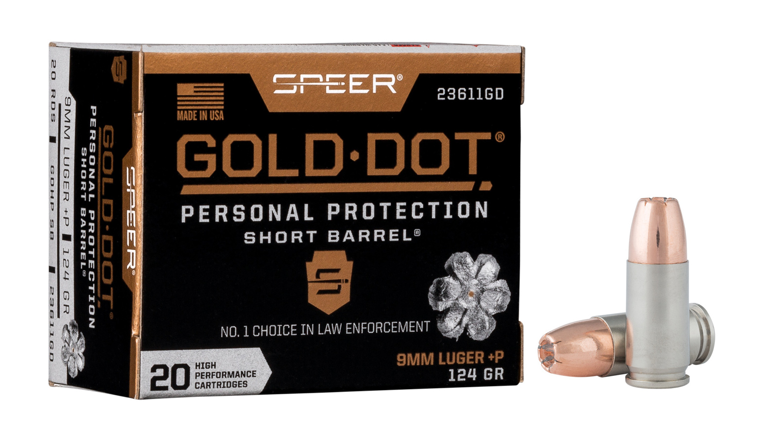 Speer Gold Dot 9mm 124 grain jacketed hollow point ammunition showing premium defensive bullets for self defense and concealed carry applications. The 124-grain bullet weight represents NATO standard loading that balances penetration depth with reliable expansion across various handgun platforms. Speer Gold Dot uses bonded core technology where lead is chemically attached to the copper jacket, preventing separation and maintaining bullet weight through barriers. Mid-weight bullets like 124 grain offer balanced terminal ballistics between lighter high-velocity rounds and heavier deep-penetrating defensive loads. Gold Dot ammunition performs consistently in FBI protocol testing across multiple bullet weights, delivering reliable expansion and adequate penetration for self defense scenarios. The 124-grain load generates moderate recoil compared to lighter or heavier grain weights, helping shooters maintain control for accurate follow-up shots. Speer manufactures Gold Dot in various bullet weights including 115, 124, and 147 grain options to match different defensive requirements and handgun characteristics. Selecting 124-grain ammunition provides proven performance in law enforcement applications where bullet weight selection directly impacts officer safety and defensive effectiveness.