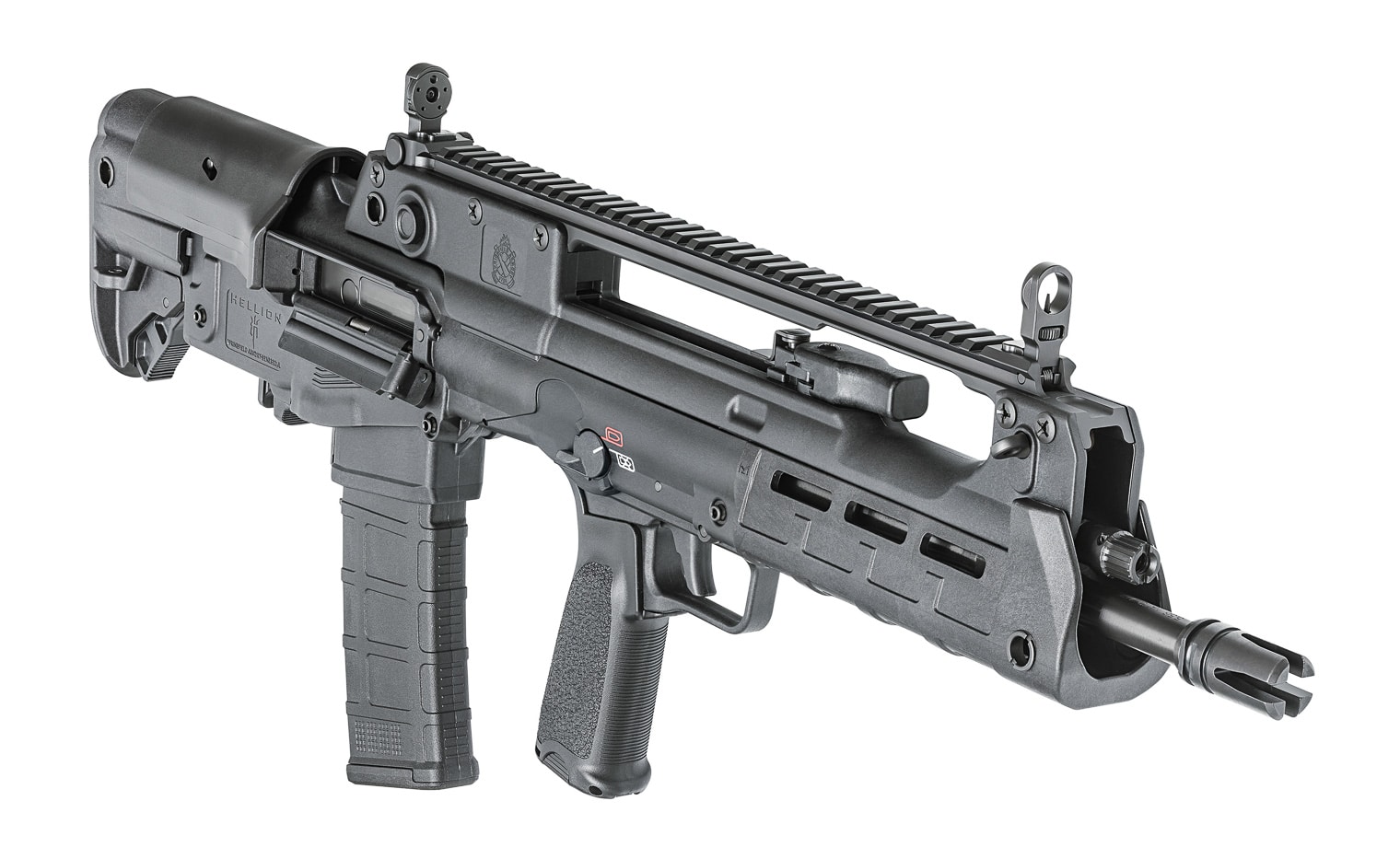 A high-quality image of the Springfield Armory Hellion rifle featured in the Brownells Law Enforcement Discount Program. The photo shows the Hellion’s bullpup configuration, with the magazine positioned behind the trigger group for better balance and compact handling. The rifle is chambered in 5.56mm and equipped with modern features like ambidextrous controls, a full-length rail, and M-Lok attachment points. Its rugged polymer design and short overall length make it ideal for law enforcement use in tight spaces or vehicle operations. The firearm rests on a neutral background, possibly with accessories such as magazines or optics nearby. This image highlights Brownells’ effort to make advanced rifles like the Hellion available to verified officers at reduced pricing. The tone is professional and focused on quality, innovation, and real-world patrol application.