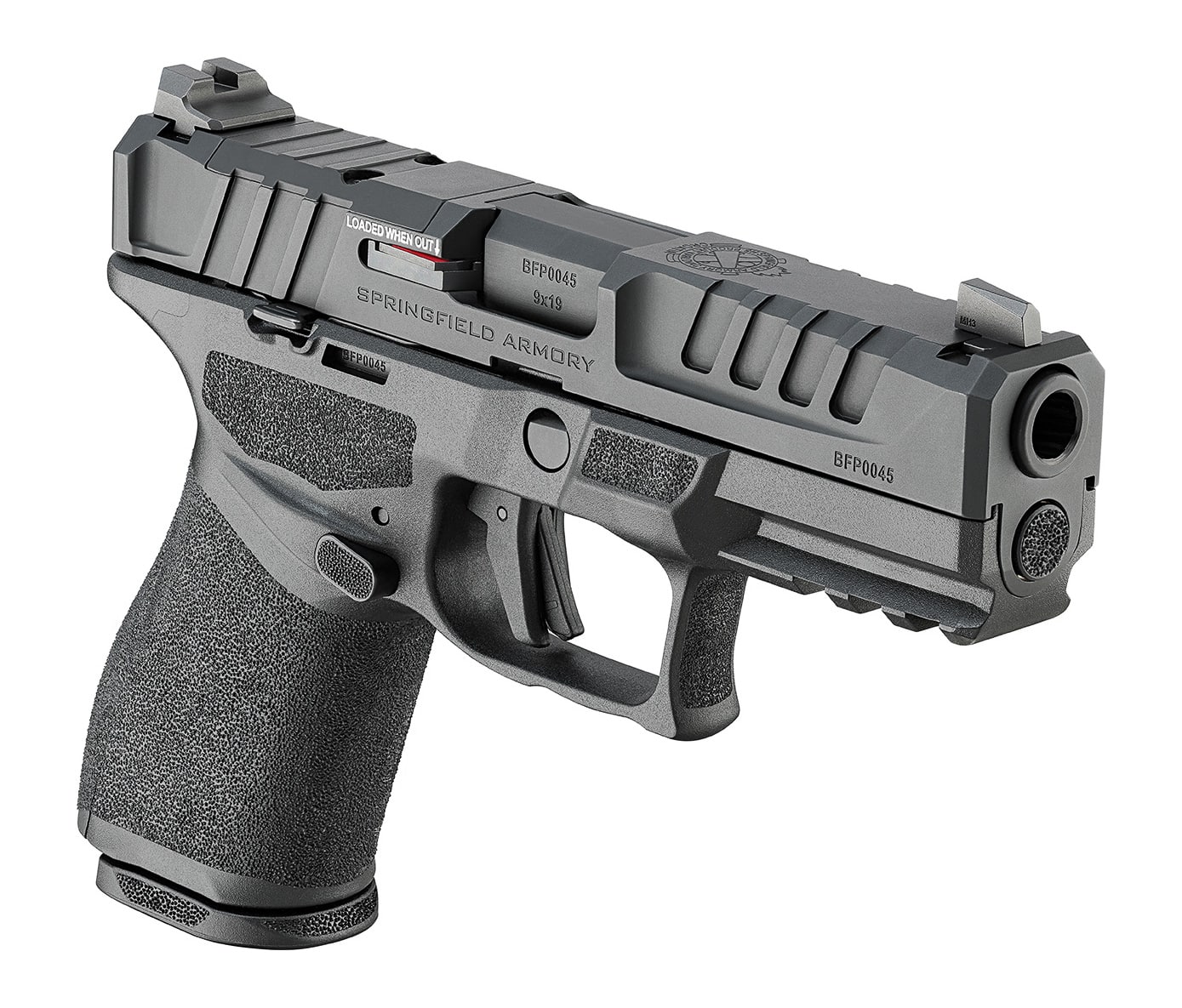 The photo shows a Springfield Armory Echelon 4.0C pistol, California-compliant model, displayed on a flat surface against a neutral background. The handgun’s shorter slide and grip identify it as the compact variant of the Echelon family, chambered in 9mm. The image highlights the optics-ready slide cut and the textured polymer grip panels designed for secure handling and recoil control. Controls such as the takedown lever, magazine release, and trigger are visible, and the loaded chamber indicator on the slide top can be seen clearly. The pistol’s compact dimensions suggest it’s designed for concealed carry without sacrificing accuracy or comfort. The lighting is soft and even, allowing surface details and finish differences to show clearly for both sighted viewers and those using screen readers.