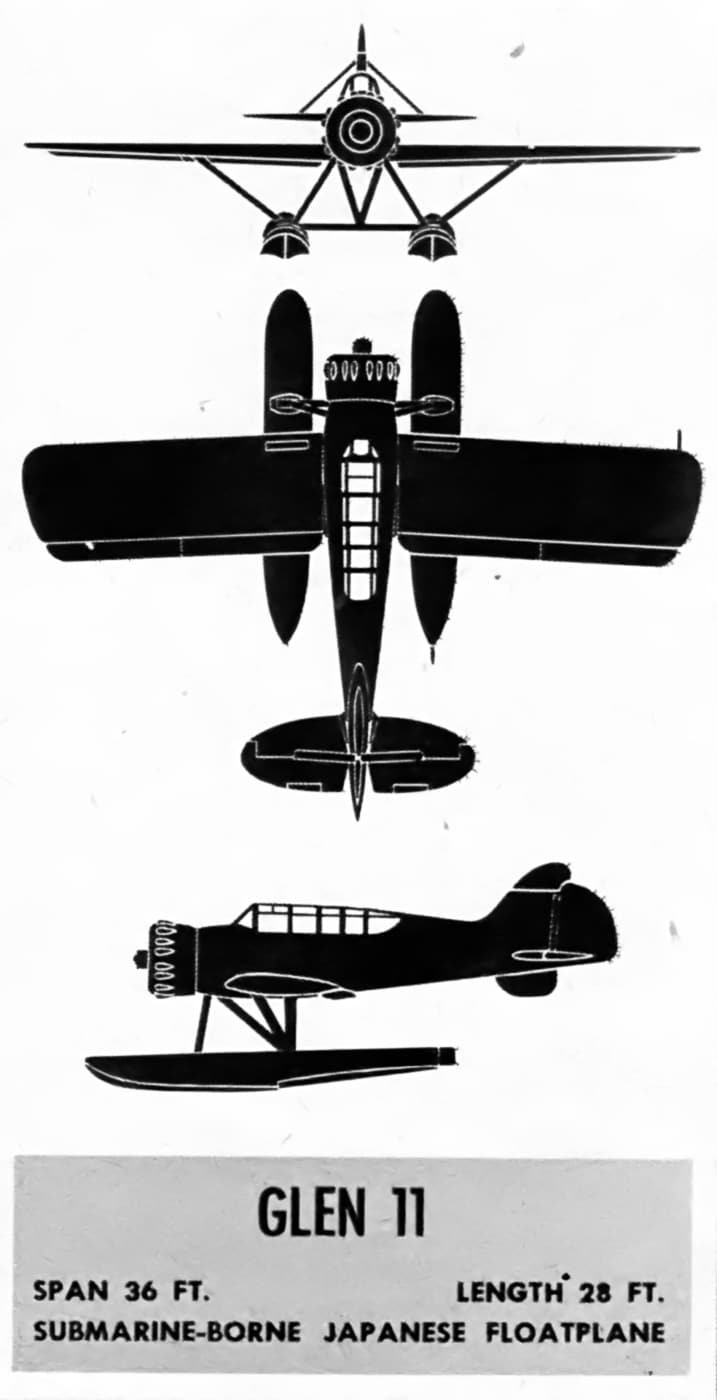 A U.S. military identification slide showing the Yokosuka E14Y1 “Glen,” a small, single-engine reconnaissance floatplane used by the Imperial Japanese Navy during World War II. The image displays the side profile of the aircraft with its slender fuselage, twin floats, and folding wings designed for storage aboard submarines. The E14Y1 was launched via catapult from I-class submarines such as the I-25. In September 1942, one of these aircraft dropped incendiary bombs on Oregon’s forests, marking the only time an Axis aircraft bombed the contiguous United States. This identification photo was used by U.S. personnel to recognize enemy aircraft and assess Japan’s evolving naval air capabilities.