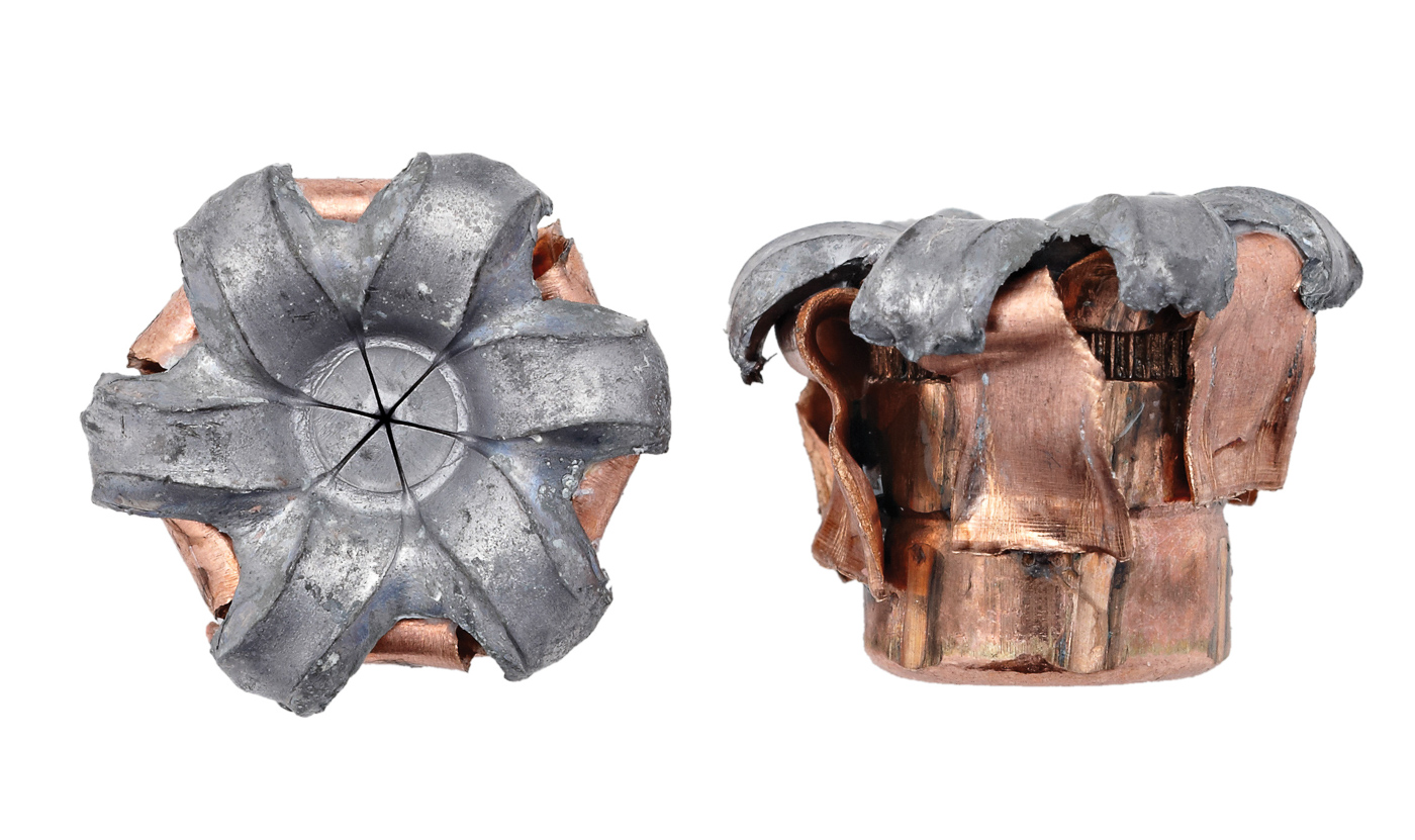 Expanded Hornady Critical Duty FlexLock bullet recovered from testing showing weight retention and consistent petal formation across grain weights. The mushroomed projectile demonstrates how interlocking band technology mechanically locks jacket to core, preventing separation regardless of bullet weight. FlexLock design features polymer flex tip that initiates expansion and prevents hollow point clogging through barriers at various grain weights. The recovered bullet shows maintained weight retention critical for achieving adequate penetration depth in defensive shooting scenarios across multiple grain weights. Hornady Critical Duty delivers reliable terminal performance through barriers at unconventional bullet weights like 135 grain through engineered design features. Expanded bullets from gelatin testing reveal how modern defensive ammunition maintains structural integrity while creating larger wound channels regardless of starting grain weight. The FlexLock interlocking band prevents jacket separation common with traditional hollow points when encountering hard barriers at various bullet weights. Understanding how bullets expand and retain weight helps shooters select appropriate defensive ammunition across multiple grain weight options for self defense applications.