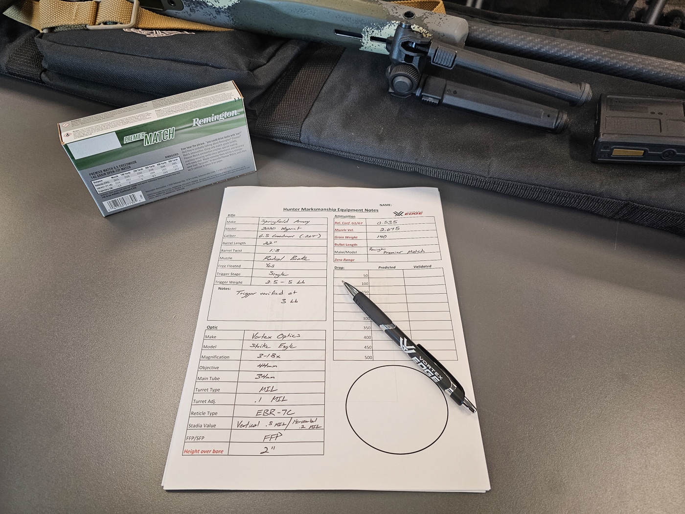 Close-up of a shooter’s notebook and printed DOPE card used during the Vortex Optics Hunter Marksmanship Course, showing handwritten entries for range, point-of-impact, elevation clicks, and wind estimates. The page includes measured distances from 100 to 500 yards, ammunition lot and velocity data, and notations about zero and scope reticle subtensions. A pen lies across the paper and a small ballistic chart or app printout is partially visible, indicating cross-checking between manual notes and digital ballistics. The surrounding bench shows a spotting scope and a partially visible rifle, linking the notes directly to live-fire verification. This image demonstrates how ballistic data collection, DOPE card creation, and velocity verification are essential steps for practical field shooting and ethical game placement. It emphasizes the course focus on turning raw shooting performance into usable holdover information and wind calls.