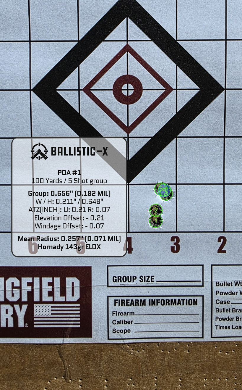 Paper shooting target displaying five-shot group fired from Springfield Model 2020 Heatseeker rifle using Hornady 143-grain ELD-X Precision Hunter ammunition in 6.5 Creedmoor caliber. The bullet holes cluster tightly together showing accuracy measurement of 0.656 minutes of angle for complete five-round string including cold bore shot. Core four-shot group after removing cold bore impact measures 0.450 MOA demonstrating consistent precision performance. Target shows impacts at 100 yards distance with all rounds staying well within one-inch spread. Factory hunting ammunition produced groups exceeding the rifle's three-quarter MOA accuracy guarantee. This level of precision makes the chassis rifle suitable for both competitive shooting and ethical long-range hunting applications.