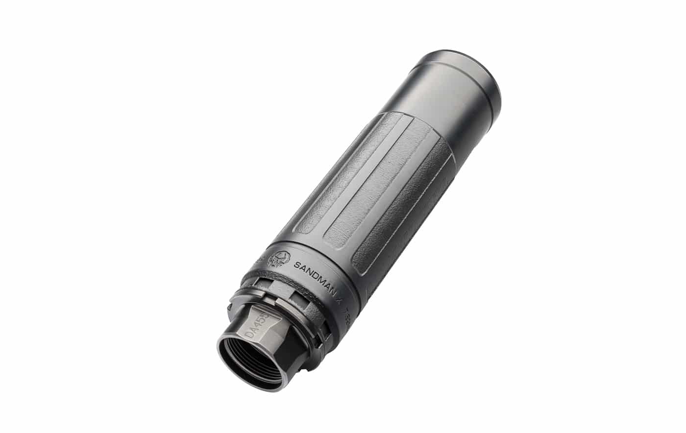 Product photography of the Dead Air Sandman X rifle suppressor as reviewed in this analysis of high-performance centerfire rifle sound suppressors for tactical and sporting applications. The compact .30-caliber suppressor can features state-of-the-art materials science with Haynes 282 superalloy construction typically reserved for aerospace applications and industrial gas turbine engines where resistance to extreme heat and corrosion are critical. Dead Air's Sandman X measures just over six inches in length with KeyMo or Xeno mounting systems that provide tool-free attachment to compatible flash suppressor mounts on host firearms. The 3D-printed suppressor incorporates Dead Air's innovative Triskelion Gas Management System designed to maximize sound suppression while minimizing muzzle flash, managing heat dissipation, and reducing back pressure that causes reliability issues and accelerated wear in direct gas impingement rifles. This hard-use rifle can handles chamberings from 5.56 NATO through .300 Remington Ultra Magnum without requiring careful handling like aluminum or titanium suppressors. With an MSRP under $1,100 depending on mount selection, the Sandman X delivers exceptional acoustic performance, thermal stability, and long-term durability for shooters who need a general-purpose suppressor capable of withstanding full-auto fire and extreme use conditions across multiple rifle platforms.