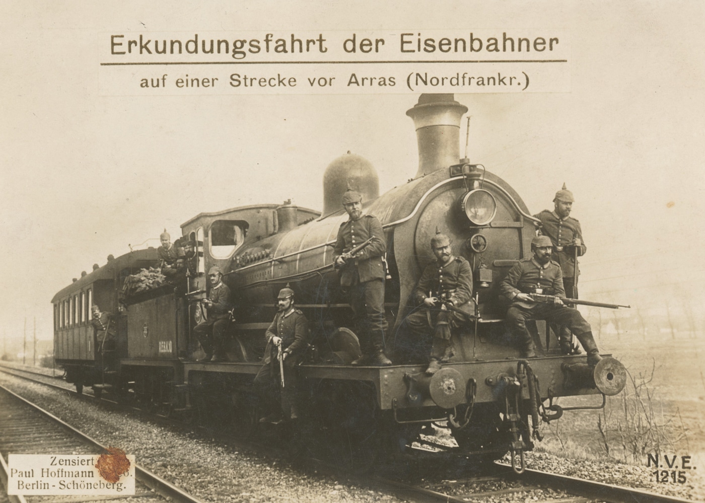 World War I photograph showing German soldiers armed with Gewehr 98 bolt-action rifles guarding military train during reconnaissance mission illustrating diverse combat roles for G98 equipped troops beyond trench warfare. The German infantrymen hold their long Gew 98 rifles with 29-inch barrels and characteristic straight bolt handles while providing security for rail transport operations that proved vital to Imperial German Army logistics moving troops, supplies, and equipment across Western Front and Eastern Front during 1914-1918 conflict. These guard troops armed with 7.92x57mm Mauser chambered Gewehr 98 rifles represent typical German military operations protecting critical railroad infrastructure from enemy raids, partisan attacks, and sabotage attempts throughout Great War. The soldiers with their reliable controlled-feed Mauser action G98 rifles demonstrate how German forces used same bolt-action infantry weapons for multiple mission types including reconnaissance, security operations, and transportation protection duties during World War I.