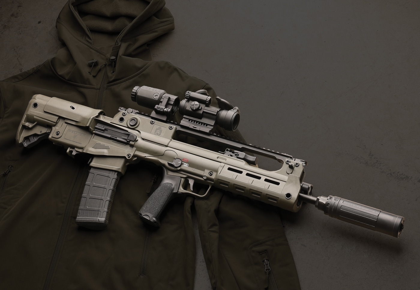 Springfield Armory Hellion bullpup rifle configured with Dead Air Sandman X centerfire rifle suppressor mounted for this comprehensive suppressor review and performance evaluation. The civilian-legal semi-automatic version of the Croatian HS Produkt VHS-2 rifle features a short-stroke piston-driven action that runs exceptionally clean when paired with the Sandman X sound suppressor. The 5.56 NATO chambered bullpup design benefits from Dead Air's proprietary Triskelion Gas Management System that minimizes back pressure and vents combustion gases forward away from the shooter. The compact bullpup configuration combined with the 6.4 to 6.9 inch Sandman X suppressor creates an overall package that remains highly maneuverable for defensive applications while dramatically reducing sound signature. The Hellion's indestructible polymer chassis accepts the KeyMo or Xeno flash suppressor mount for tool-free suppressor attachment. Springfield Armory's modern bullpup features replaceable AR-pattern pistol grip, M-Lok accessory slots, and ergonomics optimized for American shooters, making it an ideal host firearm for evaluating the Sandman X's performance on piston-driven 5.56mm rifles.