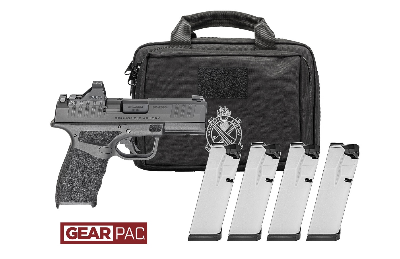 Springfield Armory Hellcat Pro Gear Pac bundle showing enlarged micro-compact pistol with factory-installed Viridian RFX11 green dot sight and four high-capacity magazines. The Hellcat Pro Gear Pac configuration combines Springfield's upscaled concealed carry platform with pre-mounted reflex optic, complete magazine complement, and protective carrying case worth up to $375 in complementary accessories. Springfield Hellcat Pro pistol with Gear Pac accessories delivers optic-ready defensive handgun with increased grip length providing improved control while maintaining concealability for everyday carry applications. Factory-installed green dot sight on Hellcat Pro features matching serrations integrating seamlessly with pistol slide cuts and offering 3 MOA reticle with Instant-On technology. Four-magazine configuration included in Hellcat Pro Gear Pac supports separation between dedicated carry magazines and training magazines subjected to intensive reload practice and ejection drills. Springfield enlarged micro-compact platform with factory-mounted optic eliminates post-purchase sight installation while delivering ready-to-shoot defensive pistol configuration. Hellcat Pro Gear Pac bundle provides ammunition capacity for extended range sessions, reload training on the move, and maintaining backup defensive capability. Springfield concealed carry pistol with complete accessory package represents permanent catalog offering available through authorized dealers without limited-time restrictions or redemption requirements.
