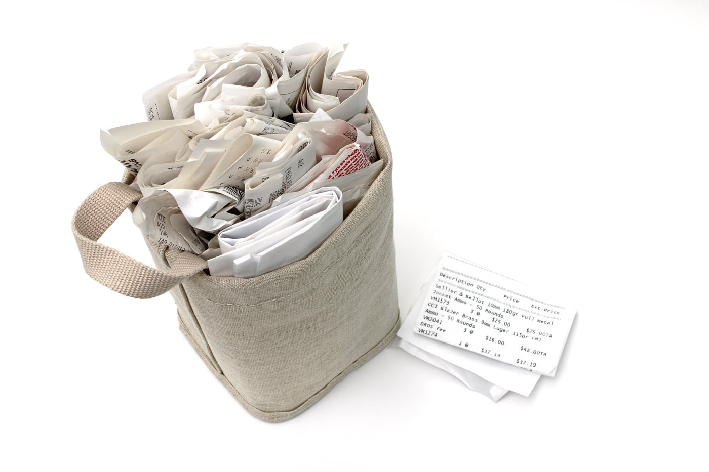 Bag of paper receipts for gun purchases showing why digital documentation is essential when insuring your guns since physical records won't be rescued during emergency evacuations. Paper receipts for firearms, ammunition, optics, holsters, cleaning supplies, and accessories burn alongside gun collections during house fires making cloud storage critical for insurance claims. Gun owners insuring firearms must digitize purchase documentation because bags of paper receipts remain behind during evacuations and cannot support insurance claims after total loss events. Insurance adjusters require proof of ownership through receipts when processing gun collection claims, but physical paper documentation stored at home is destroyed in the same fires that consume weapons and accessories. Proper preparation when insuring your guns includes scanning or photographing paper receipts and storing digital copies remotely so documentation survives disasters even when physical records are lost.