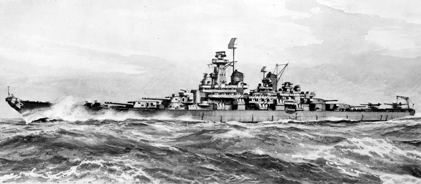 Artist conception of USS Montana BB-67 American battleship, representing one of five Montana-class vessels that were designed to be extremely powerful battleships with four turrets of three 16-inch guns each totaling twelve heavy guns, but none were ever laid down as war priorities shifted during World War II. The Montana-class United States battleships were to have been USS Montana BB-67, USS Ohio BB-68, USS Maine BB-69, USS New Hampshire BB-70, and USS Louisiana BB-71, all authorized in 1940 but canceled in 1943 demonstrating how rapidly naval warfare was changing during the war. Montana-class battleships were designed with significantly more armor and displacement compared to the Iowa-class fast battleships, though at the cost of speed with top speeds projected around 28 knots versus the Iowa-class vessels capable of 33 knots. The Montana-class would have featured twelve 16-inch guns in four triple turrets compared to the Iowa-class with nine 16-inch guns in three turrets, providing substantially increased broadside firepower but requiring larger hull dimensions and greater displacement. Ultimately none of the Montana-class battleships were laid down as war priorities shifted decisively toward aircraft carriers, submarines, and amphibious warfare vessels that proved more valuable for Pacific Theater operations than additional slow heavily-armored battleships. The cancellation of the Montana-class in 1943 marked the end of American battleship development, with the Iowa-class fast battleships representing the final battleships actually built and commissioned by the United States Navy. This artist rendering shows what the Montana-class super battleships would have looked like if completed, representing the ultimate evolution of American battleship design philosophy emphasizing maximum armor protection and overwhelming firepower. The Montana-class represents the road not taken in United States battleship evolution, as advancing naval warfare technology including aircraft carriers and submarines made these heavily-armored slow battleships obsolete before they could even be constructed. If completed, the Montana-class battleships would have been the most powerful American battleships ever built, exceeding even the legendary Iowa-class vessels in armor protection and main battery firepower though sacrificing the high speed that made Iowa-class ships so valuable for carrier escort duties.