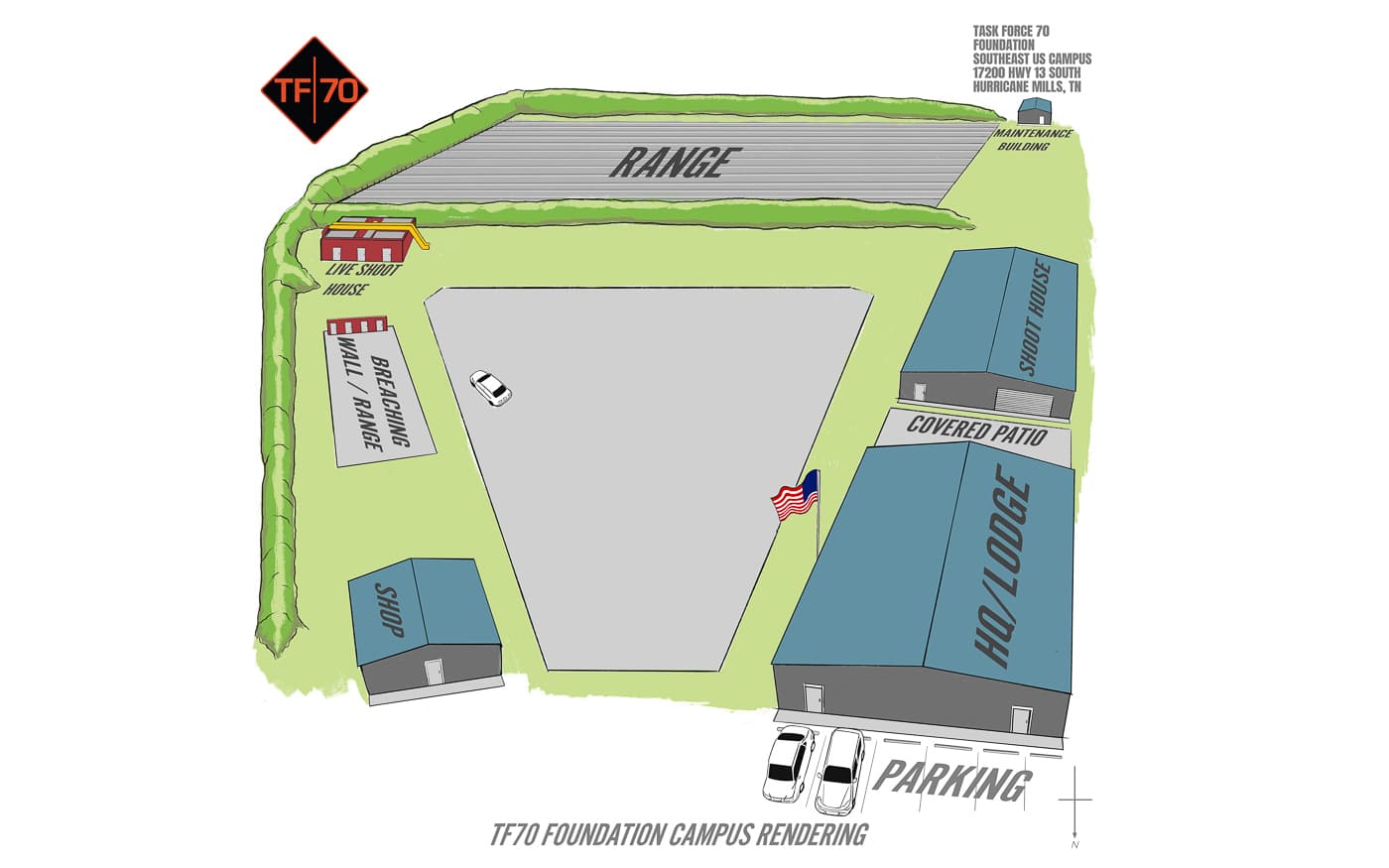 Diagram of Task Force 70 training facility layout showing specialized structures, firing ranges, and lodging accommodations for law enforcement officers attending week-long tactical courses. TF70 campus design supports comprehensive instruction in patrol operations, active shooter response, hostage rescue scenarios, breaching techniques, marksmanship training, and emergency medical skills for small department police from rural jurisdictions. The nonprofit foundation's state-of-the-art facility under construction in Central Tennessee will provide dedicated infrastructure for delivering 50-hour courses to officers from underfunded agencies serving communities under 10,000 people who lack access to regional training centers and specialized instruction in their home jurisdictions.